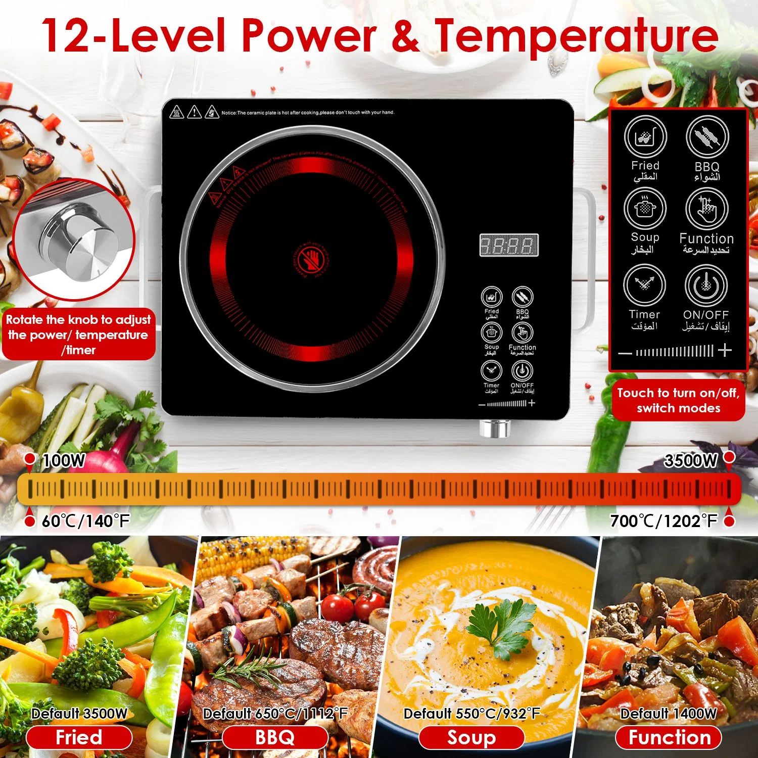 Portable Electric Single Burner Cooktop 3500W 110V, Heat-Resistant Glass Surface (Easy to Clean) with Side Handles, 4 Preset Cooking Modes for Camper/Studio/Dorm photo 6
