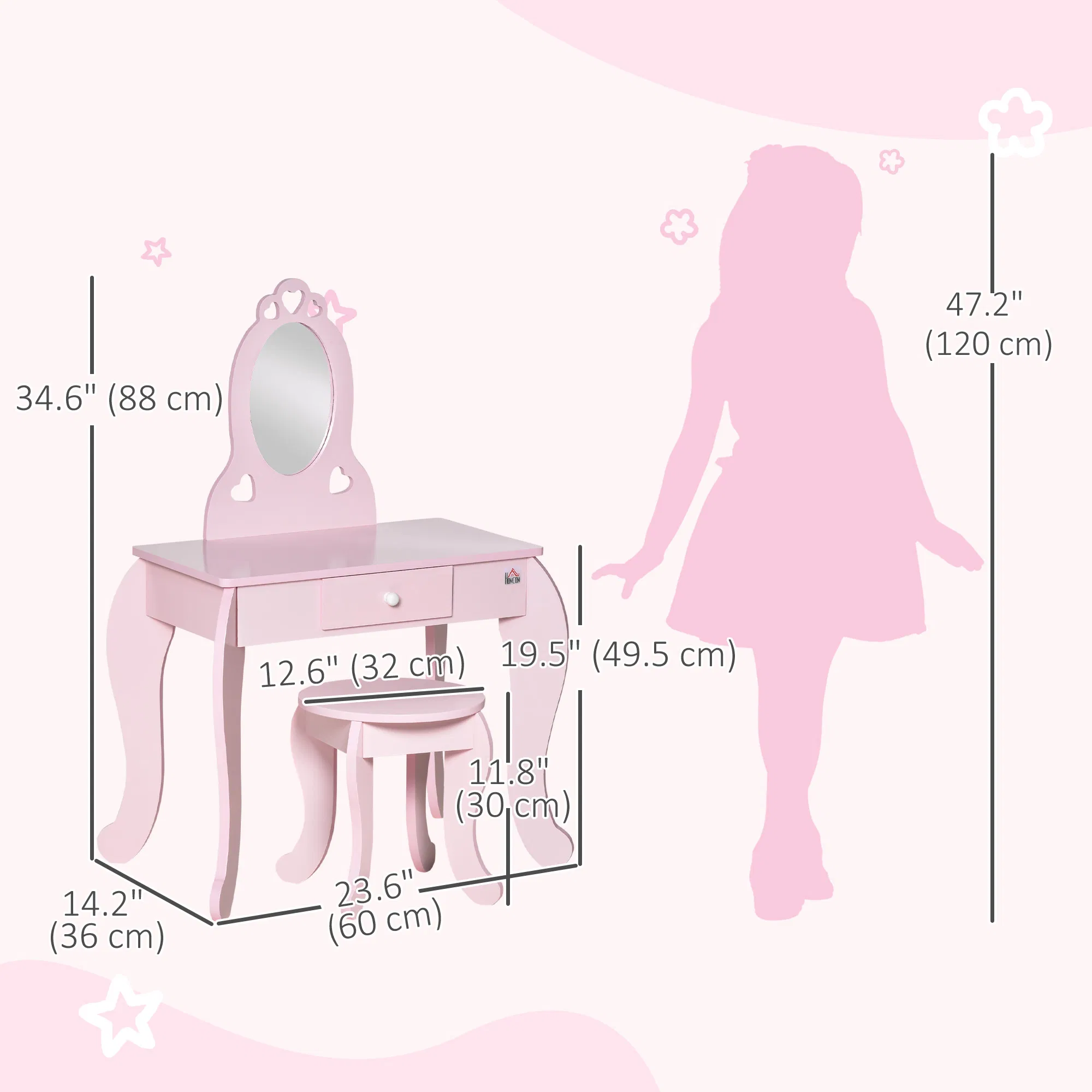 Kids Vanity Table Set with Mirror and Stool, Drawer, for 3-6 Years, Pink photo 6