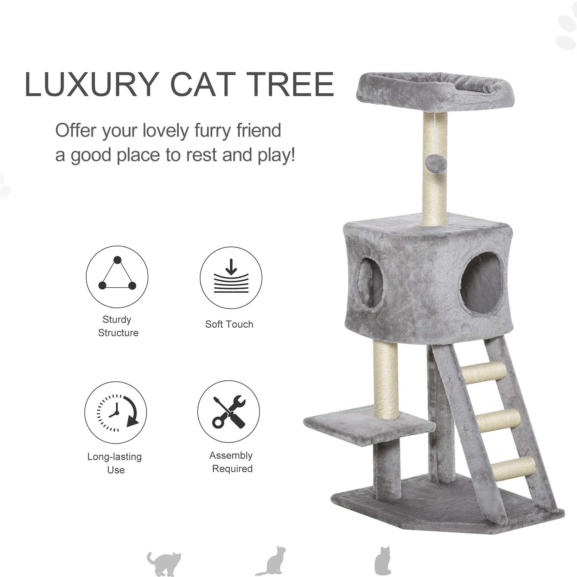 47" Tall Cat Tree Tower with Condo, Ladder, Scratching Posts and Hanging Ball, Light Grey photo 5