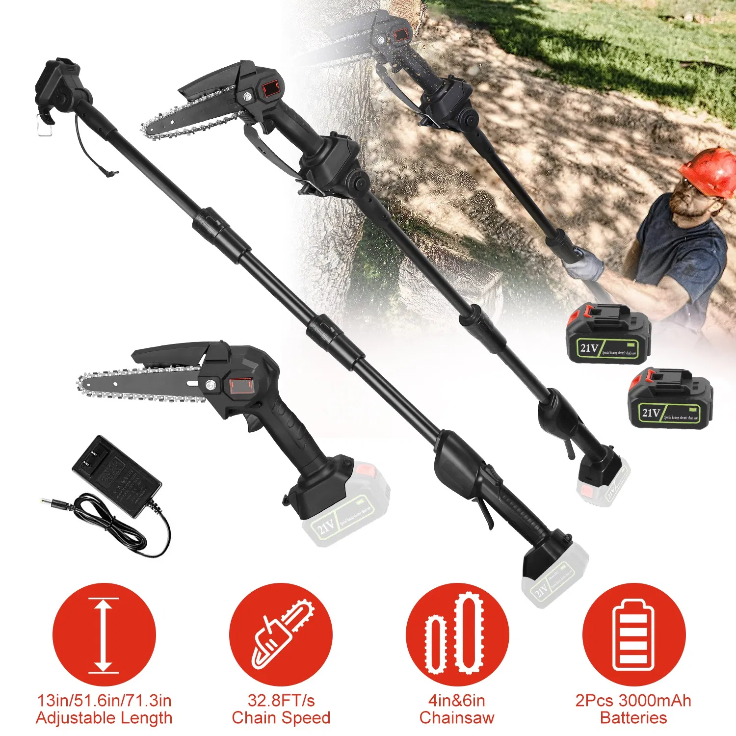 2-in-1 Electric Pole Saws for Tree Trimming, 6 Inch Mini Chainsaw Cordless with Extension Pole, Battery Powered Pole Chain Saw, Tree Trimmer Limb Branch Cutter Pruner with 2 Battery photo 1
