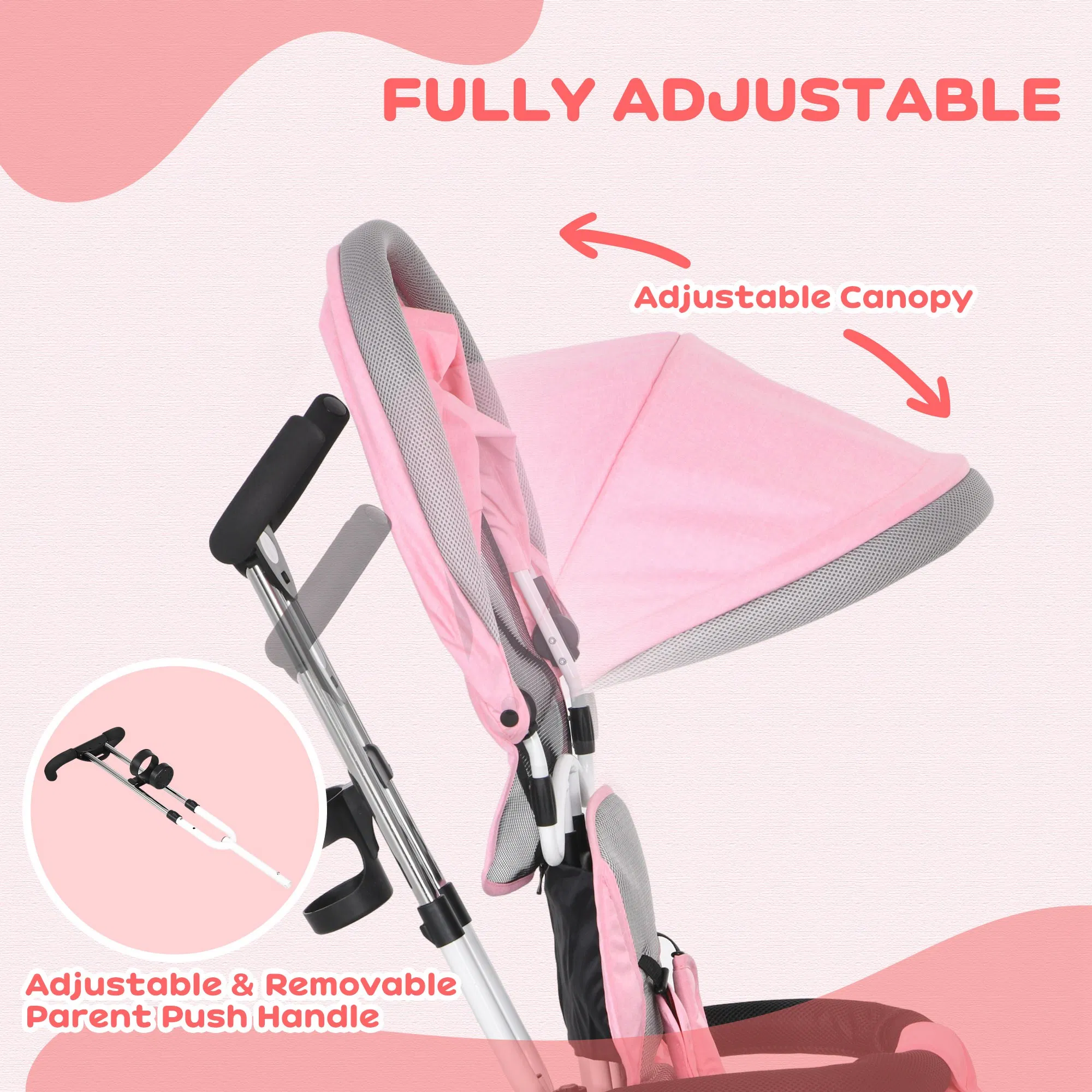 6 in 1 Toddler Tricycle Stroller with Basket, Canopy, 5-point Safety Harness, for 12-60 Months, Pink photo 6