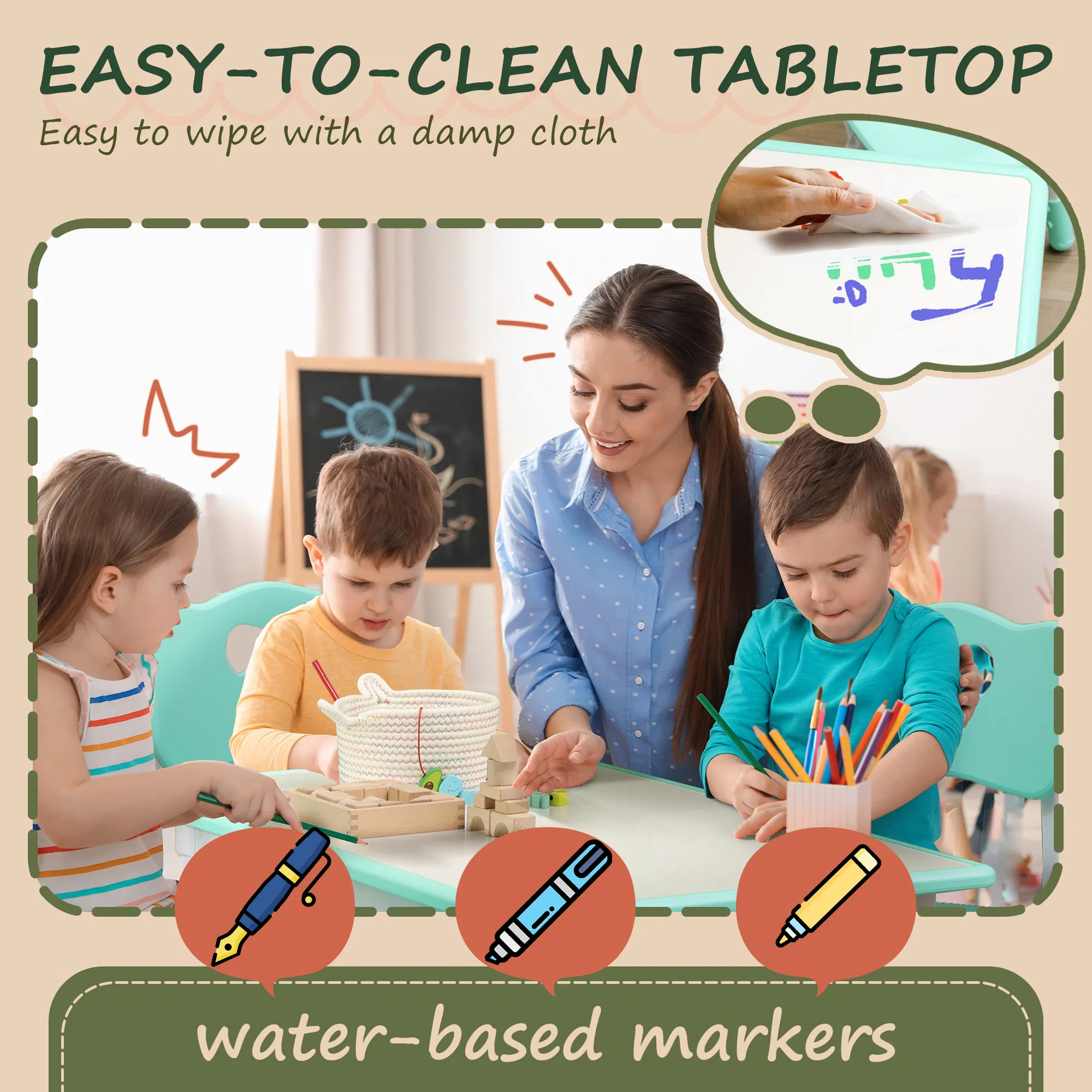 Kids Table and Chair Set with 4 Chairs, Adjustable Height, Easy to Clean, for 1.5 - 5 Years Old, Green photo 6