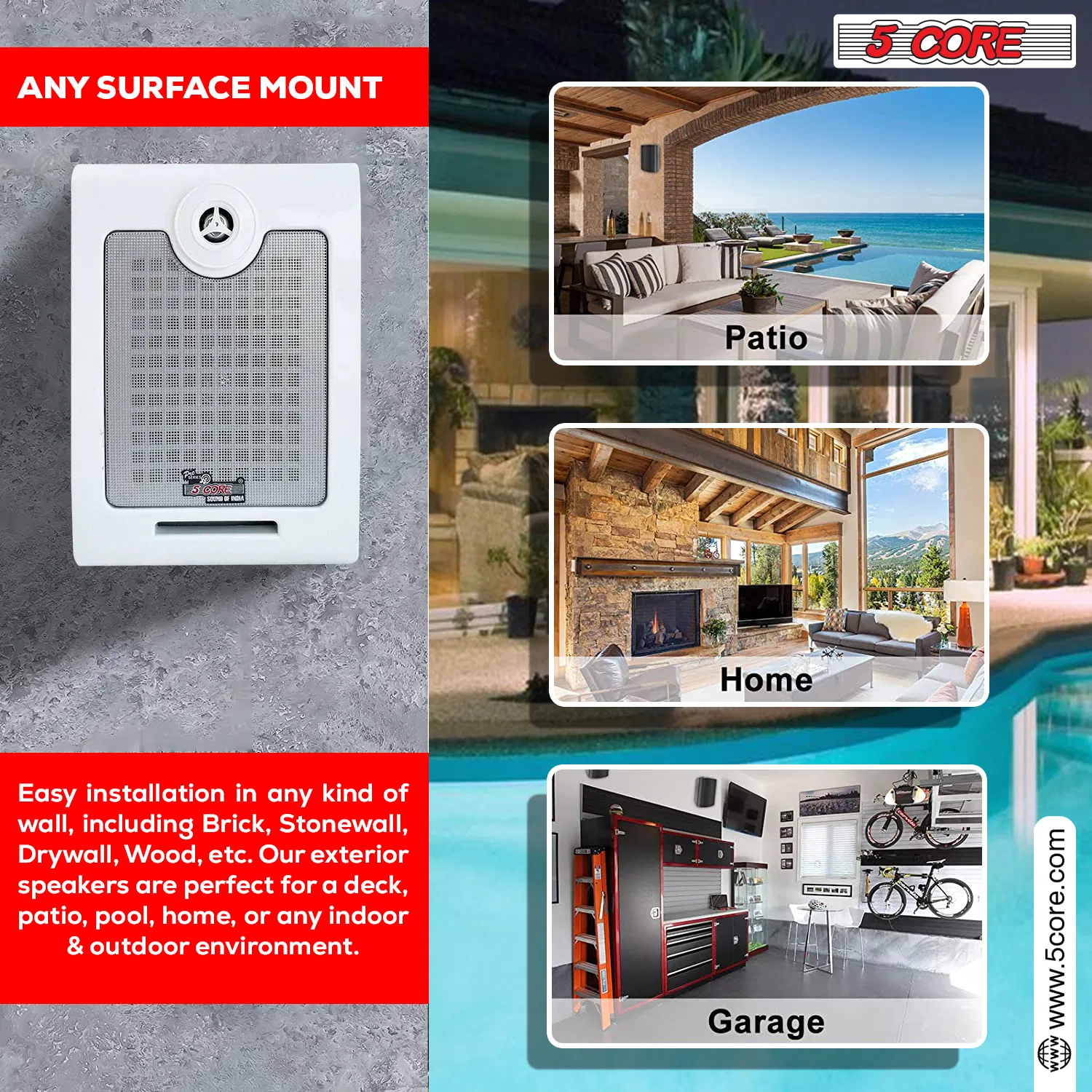 5Core Wall Mount Speakers 2Way Passive 500W/100W Outdoor Wired Audio System photo 8