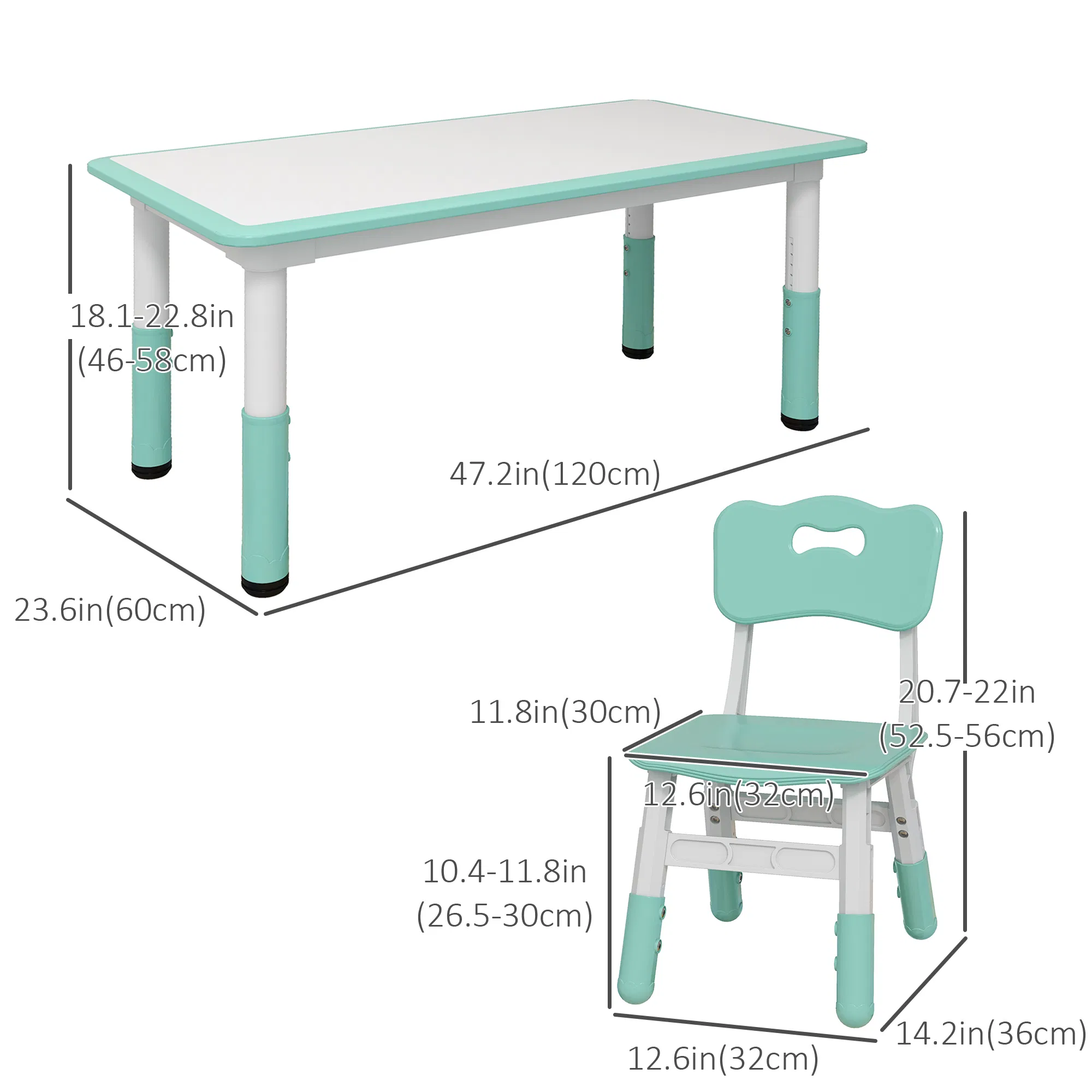 Kids Table and Chair Set with 4 Chairs, Adjustable Height, Easy to Clean, for 1.5 - 5 Years Old, Green photo 3