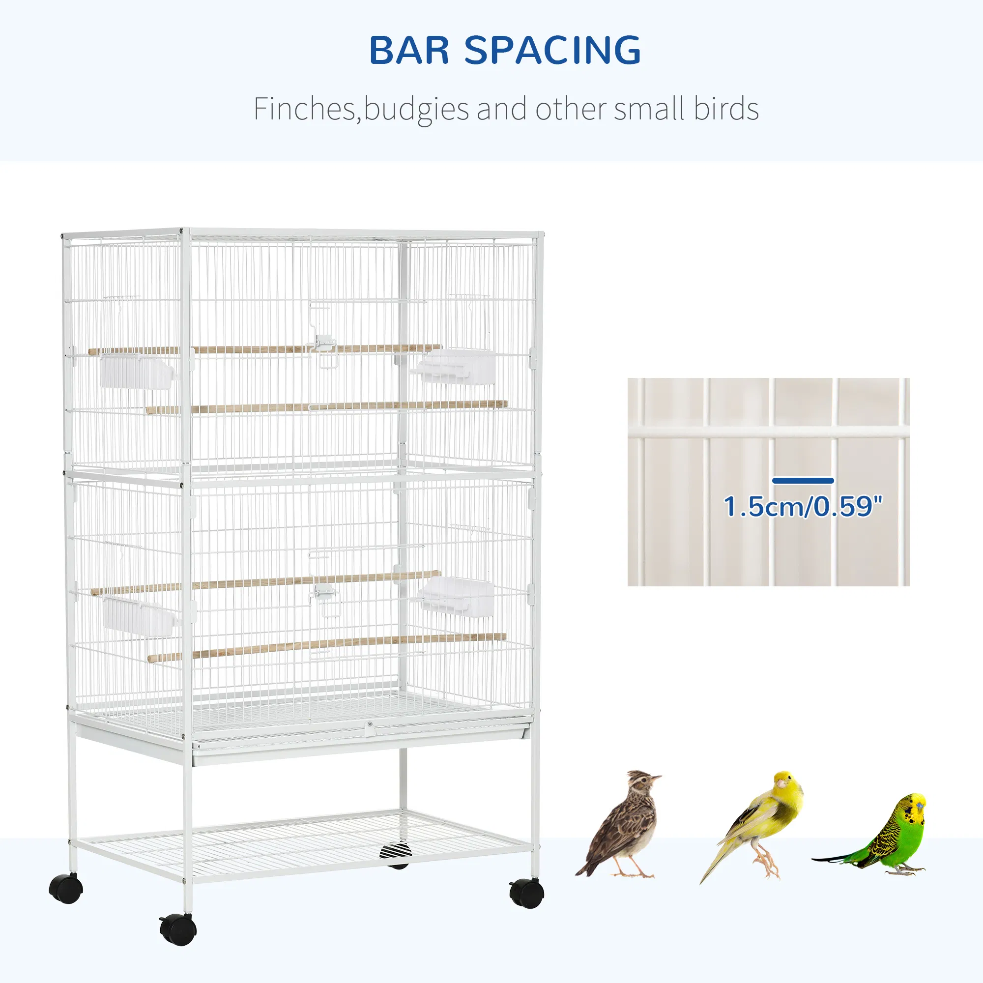 52" Large Rolling Steel Bird Cage Bird House with Rolling Stand, Storage Shelf, Wood Perch, Food Container, White photo 2