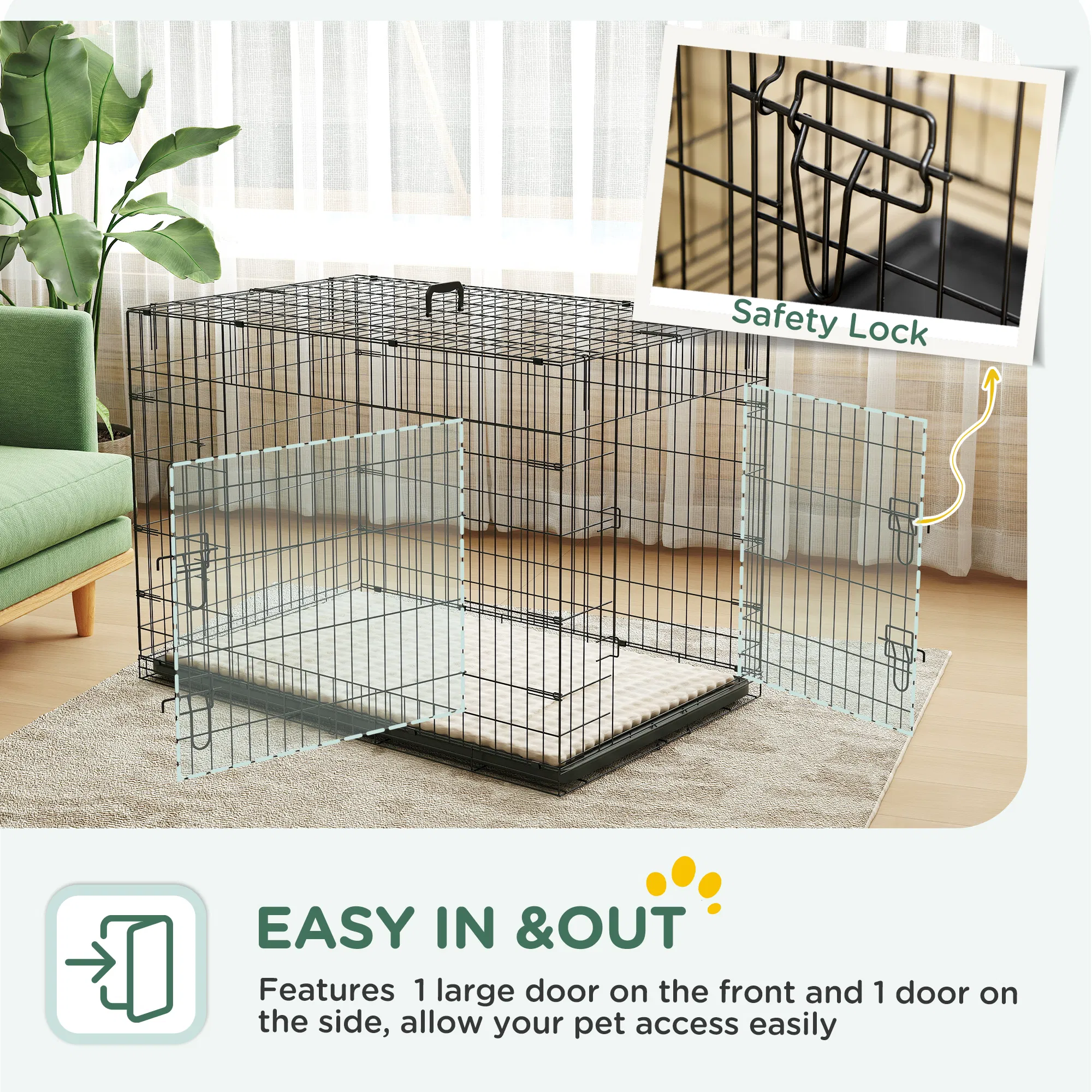 41" Dog Crate with 2 Doors, Folding Metal Dog Cage with Soft Cushion, Removable Tray, Handle, for Small Dogs, Black photo 4