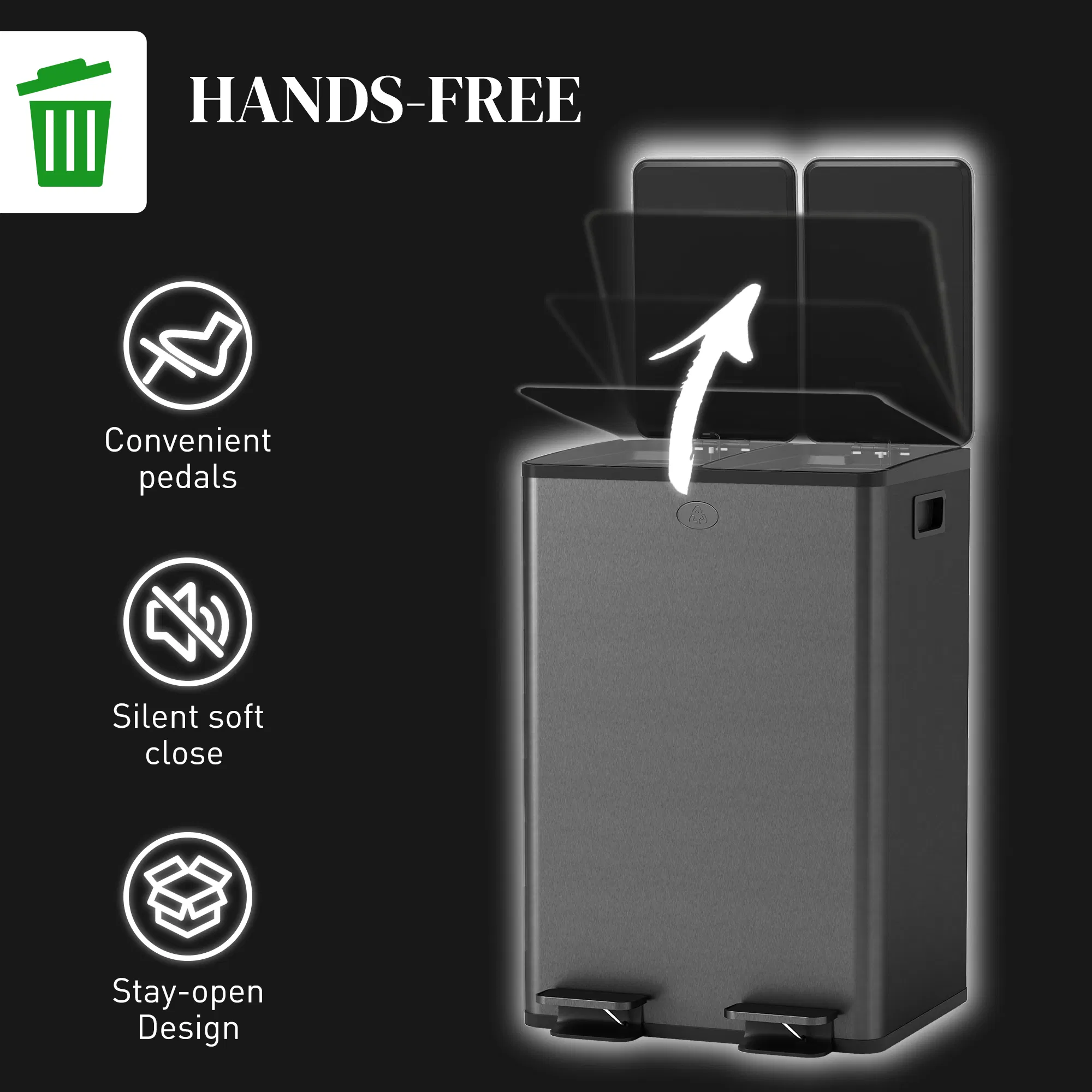 Dual Garbage Bin, Soft-Close Trash Can with Foot Pedal, 2 x 28 Liter Garbage Can with Removable Inner Buckets, Black photo 3