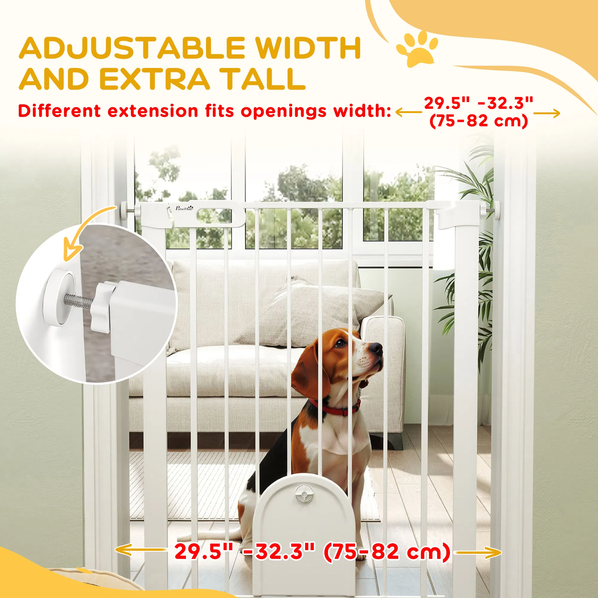 30"-32" Extra Wide Pet Gate Barrier with Small Door, 35"H Dog Gate with Safety Gate Barrier, Stair Pressure Fit, White photo 3