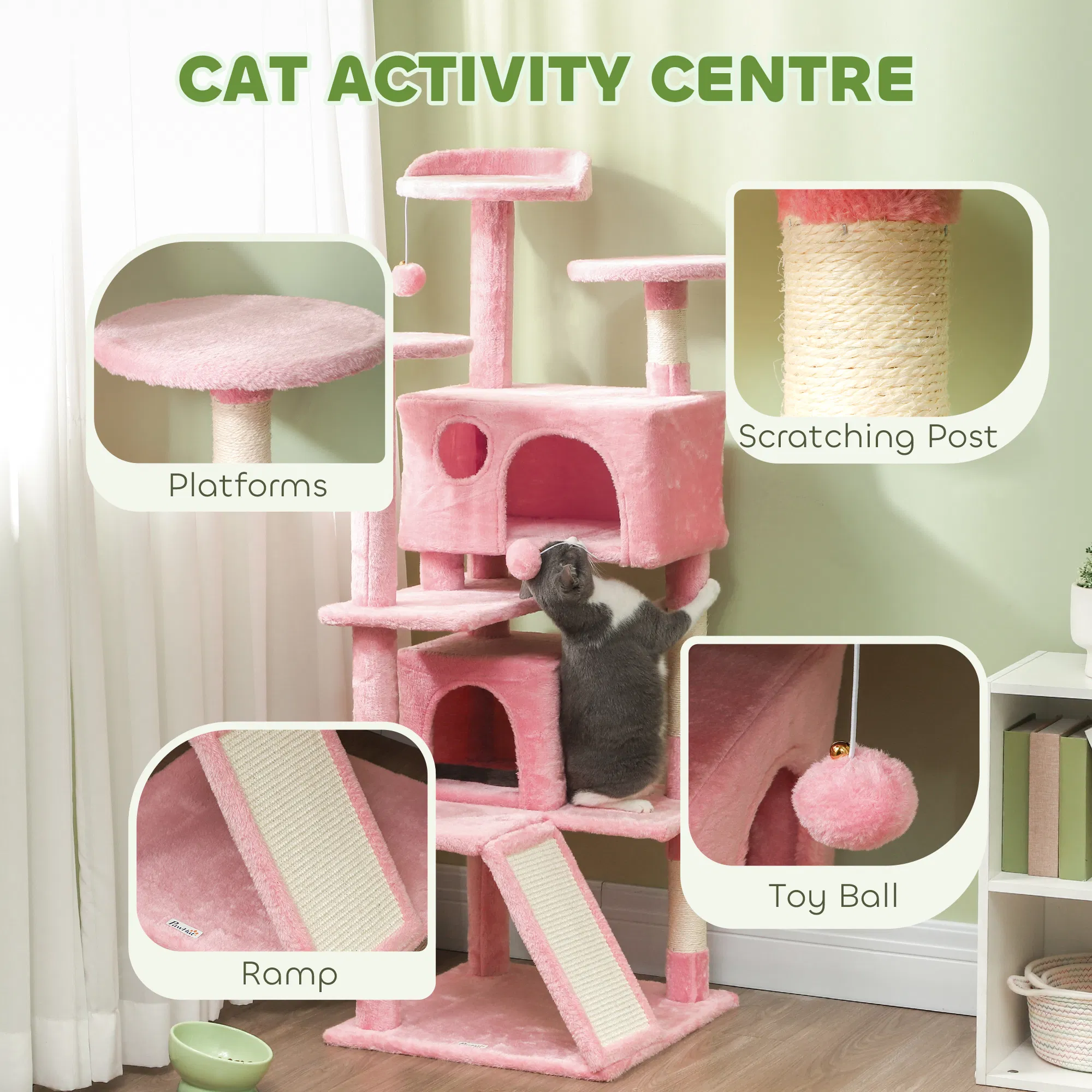 54" Cat Tree, Multi-Level Cat Tower with Scratching Posts, Cat Condos, Bed, Platforms, Ramp, Toy Ball, Pink photo 5