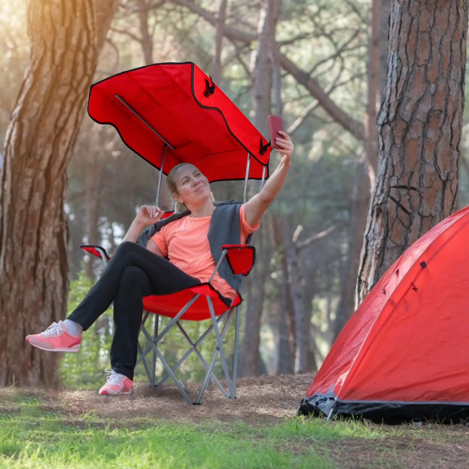 Foldable Beach Canopy Chair Sun Protection Camping Lawn Canopy Chair 330LBS Load Folding Seat w/ Cup Holder For Beach Poolside Travel Picnic photo 2