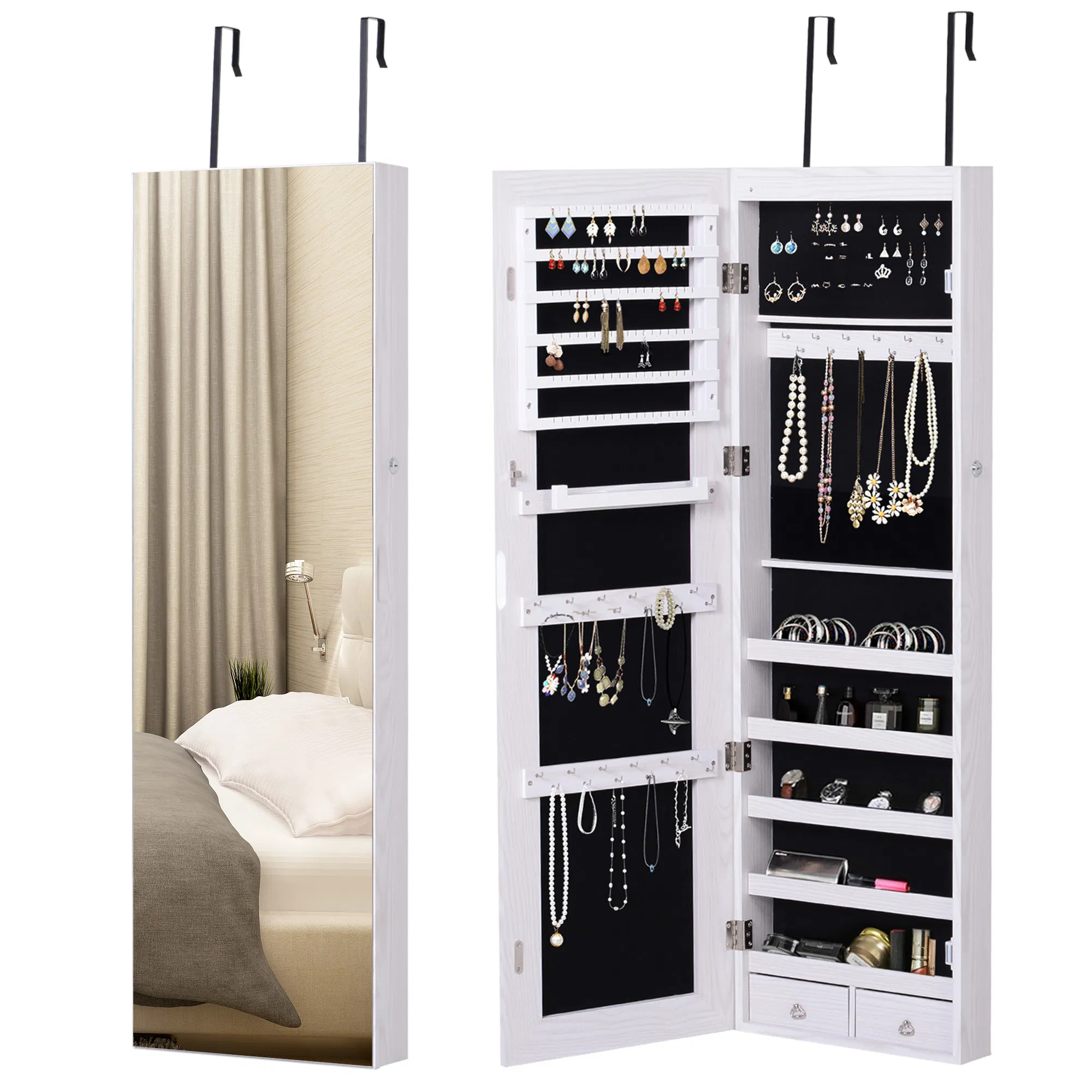 LED Lighted Mirror Jewelry Cabinet Wall Door Mounted Storage Organizer Armoire Wood Grain Gray photo 1