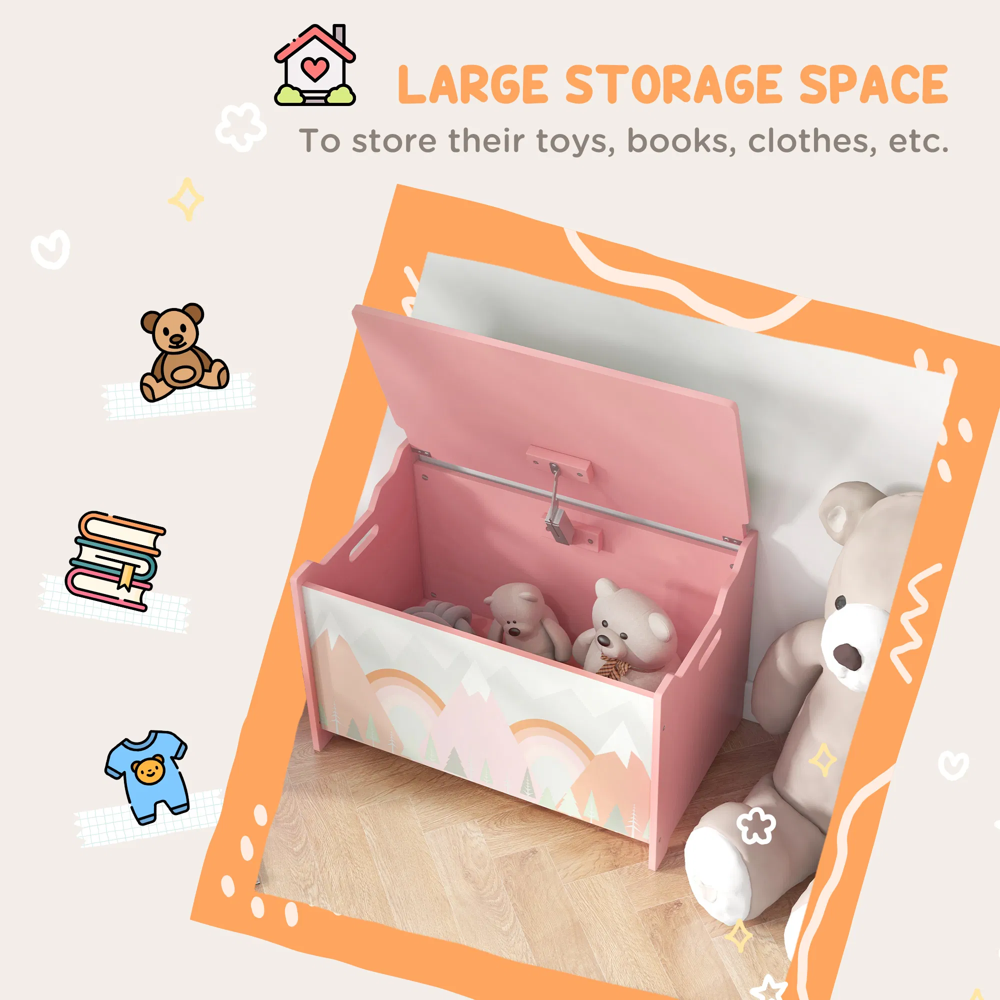 Toy Box with Lid, Toy Chest Storage Organizer for Bedroom with Safety Hinge, Pink photo 3