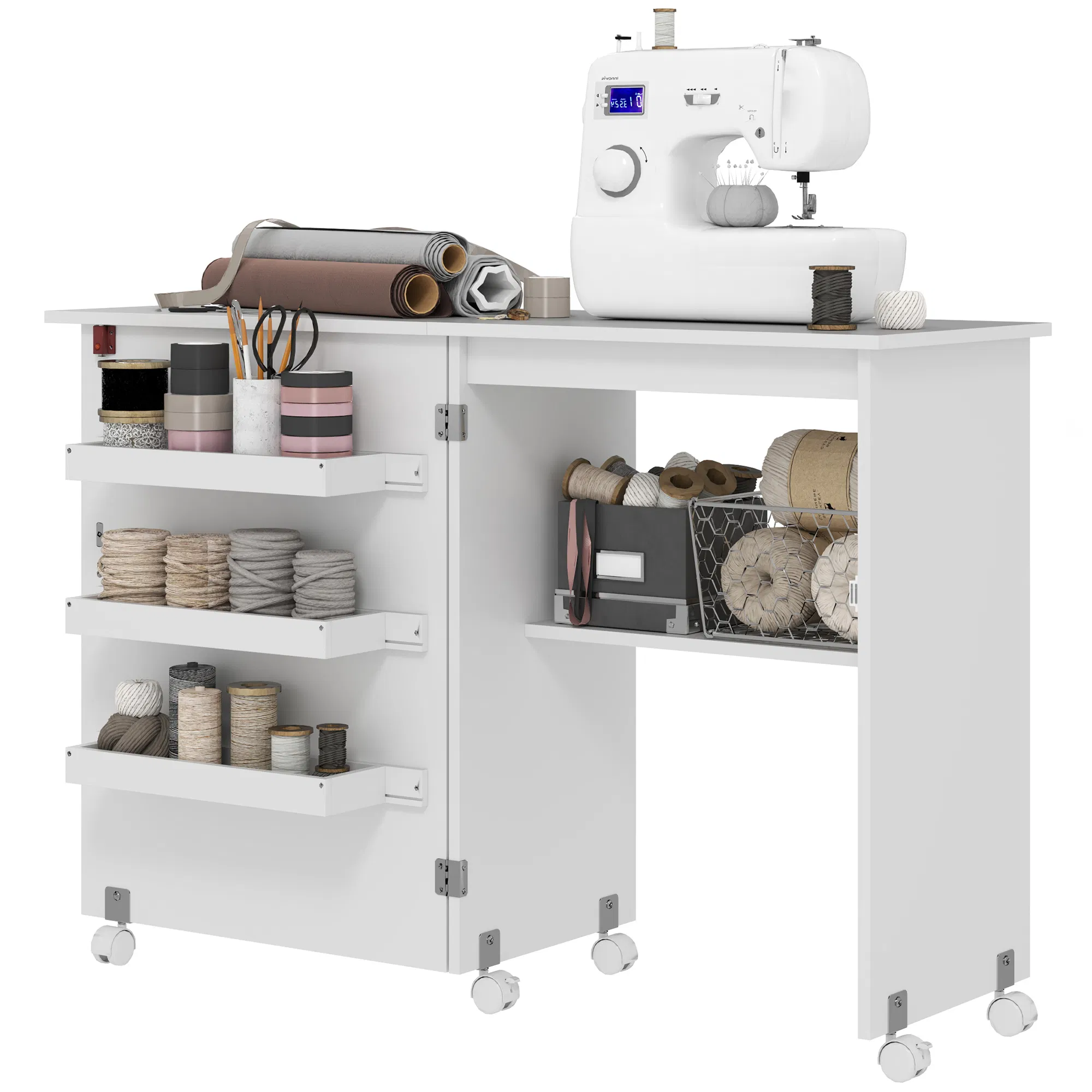 Sewing Machine Cabinet, Folding Sewing Table with Storage Shelf, Bins and Lockable Wheels for Small Space, White photo 1