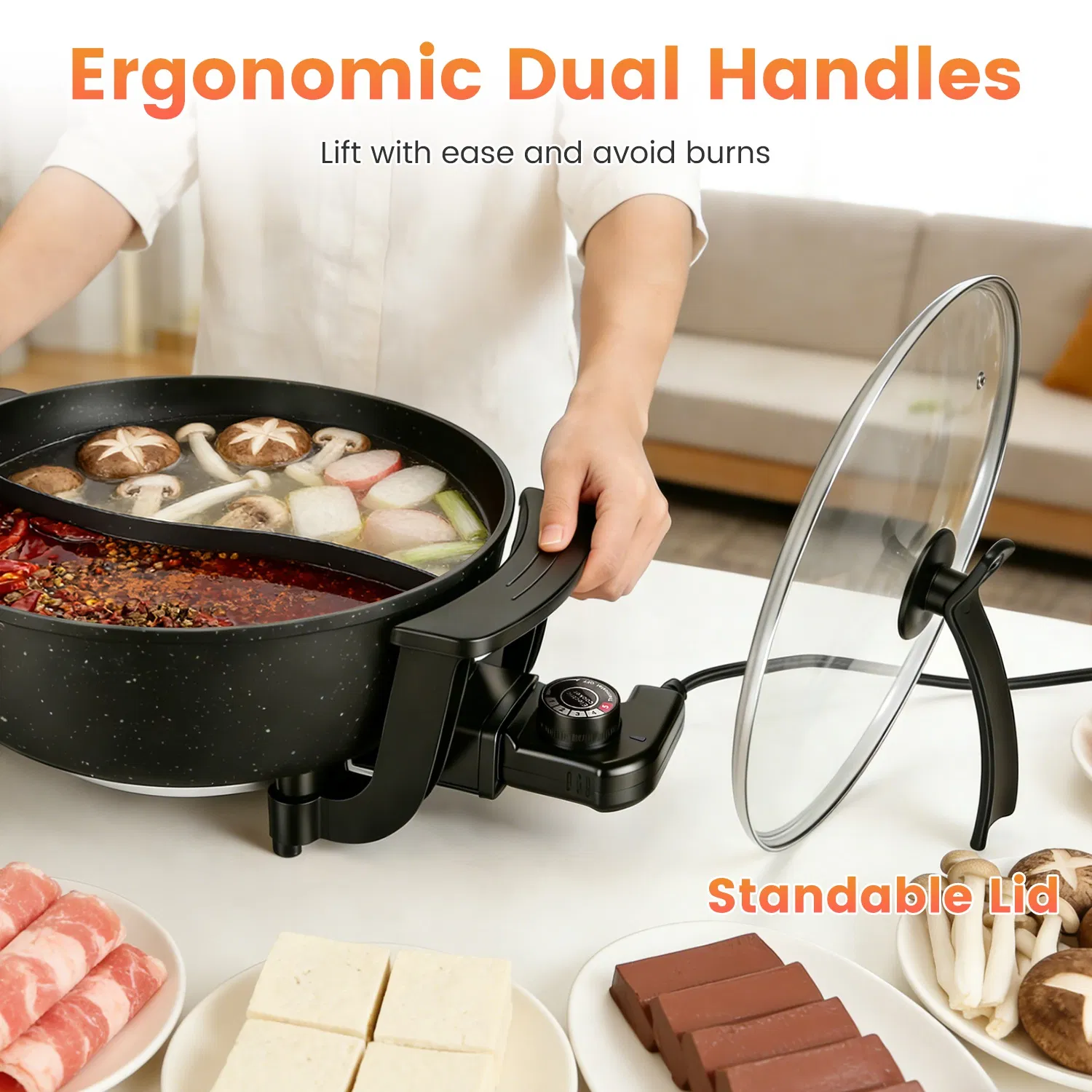 Dual-Flavor Electric Hot Pot 6L with Divider, 5 Temperature Control Non-Stick Shabu Shabu Pot, Complete Accessories Electric Cooker for Home Party Family Dinners photo 4
