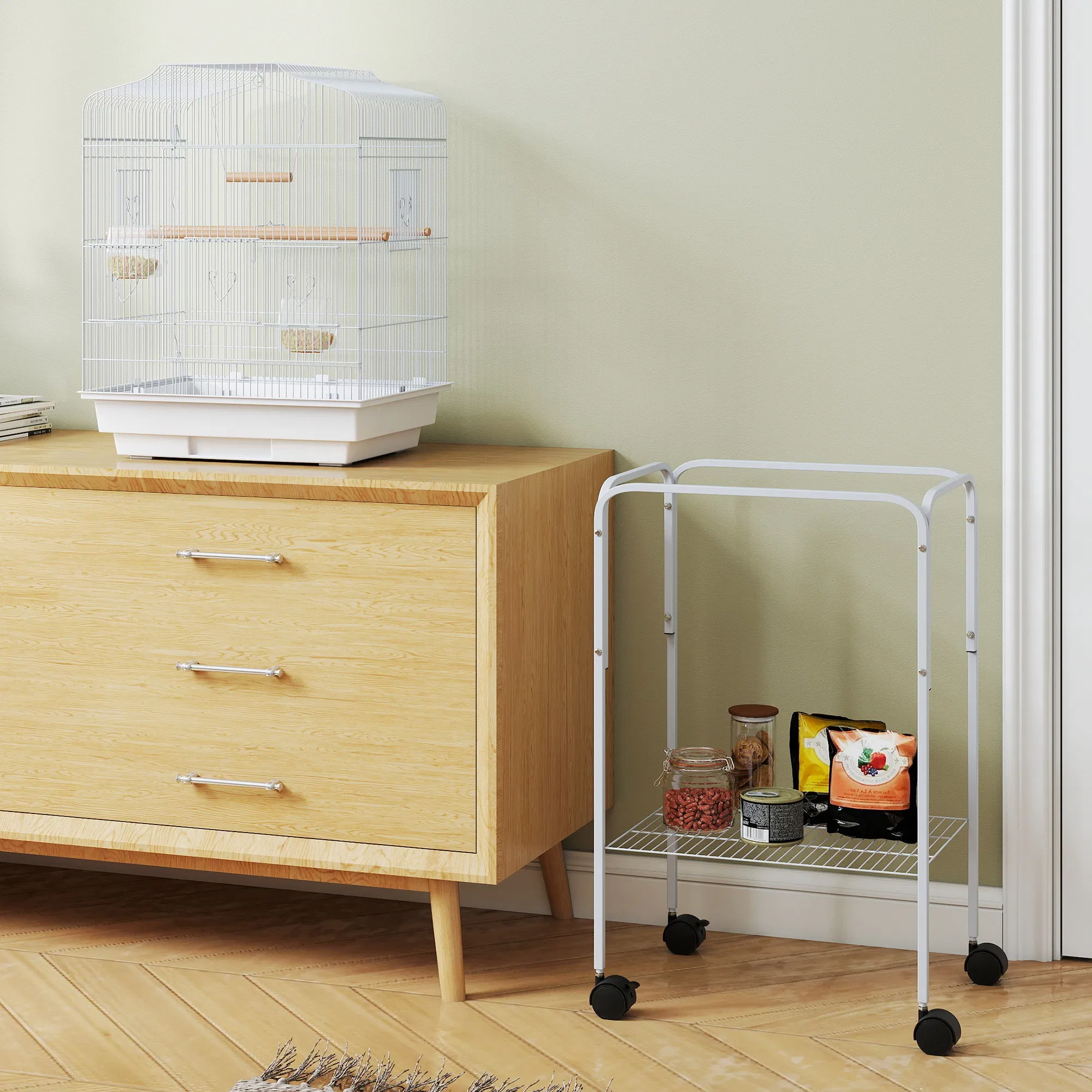 49" Rolling Bird Cage Cockatoo House Play Top Finch Pet Supply with Storage Shelf, Wheels - White photo 6