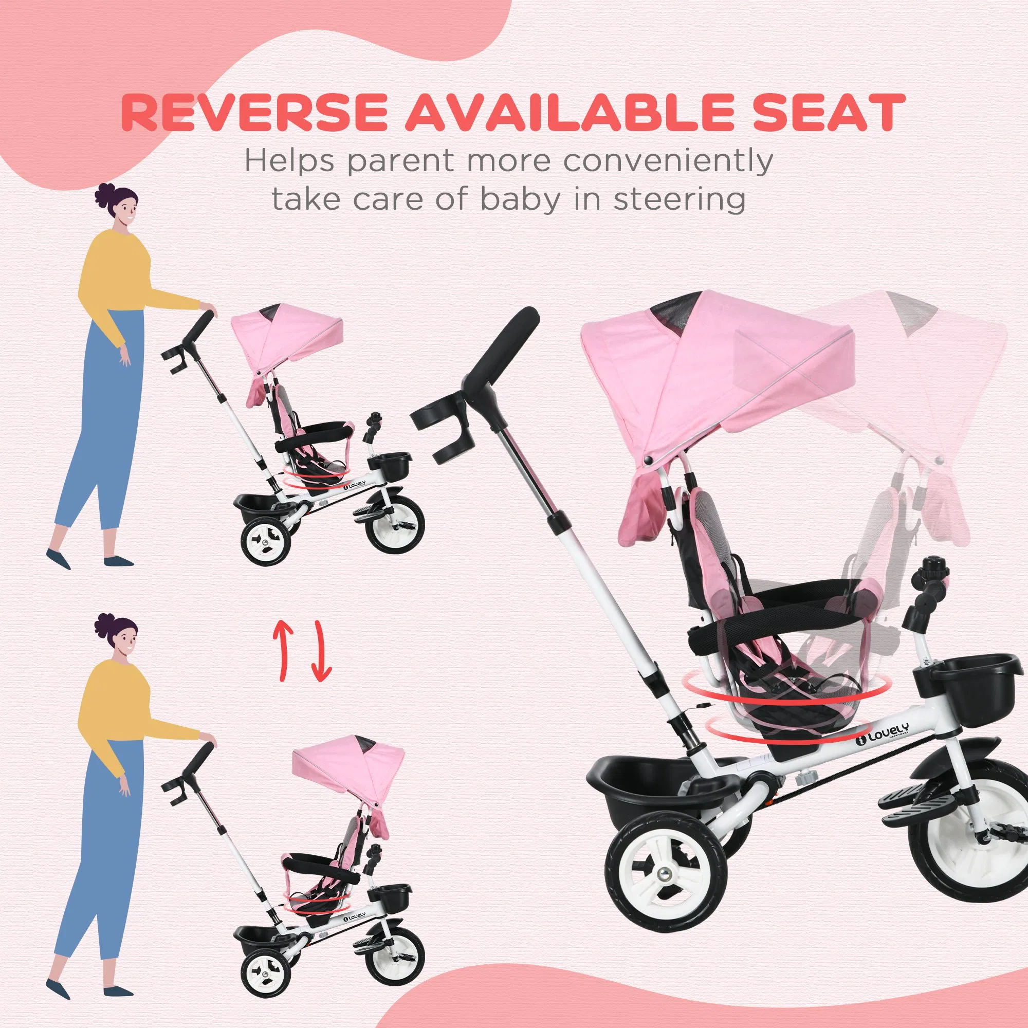 6 in 1 Toddler Tricycle with Parent Push Handle, Canopy, Storage Baskets, Cupholder, Pink photo 2