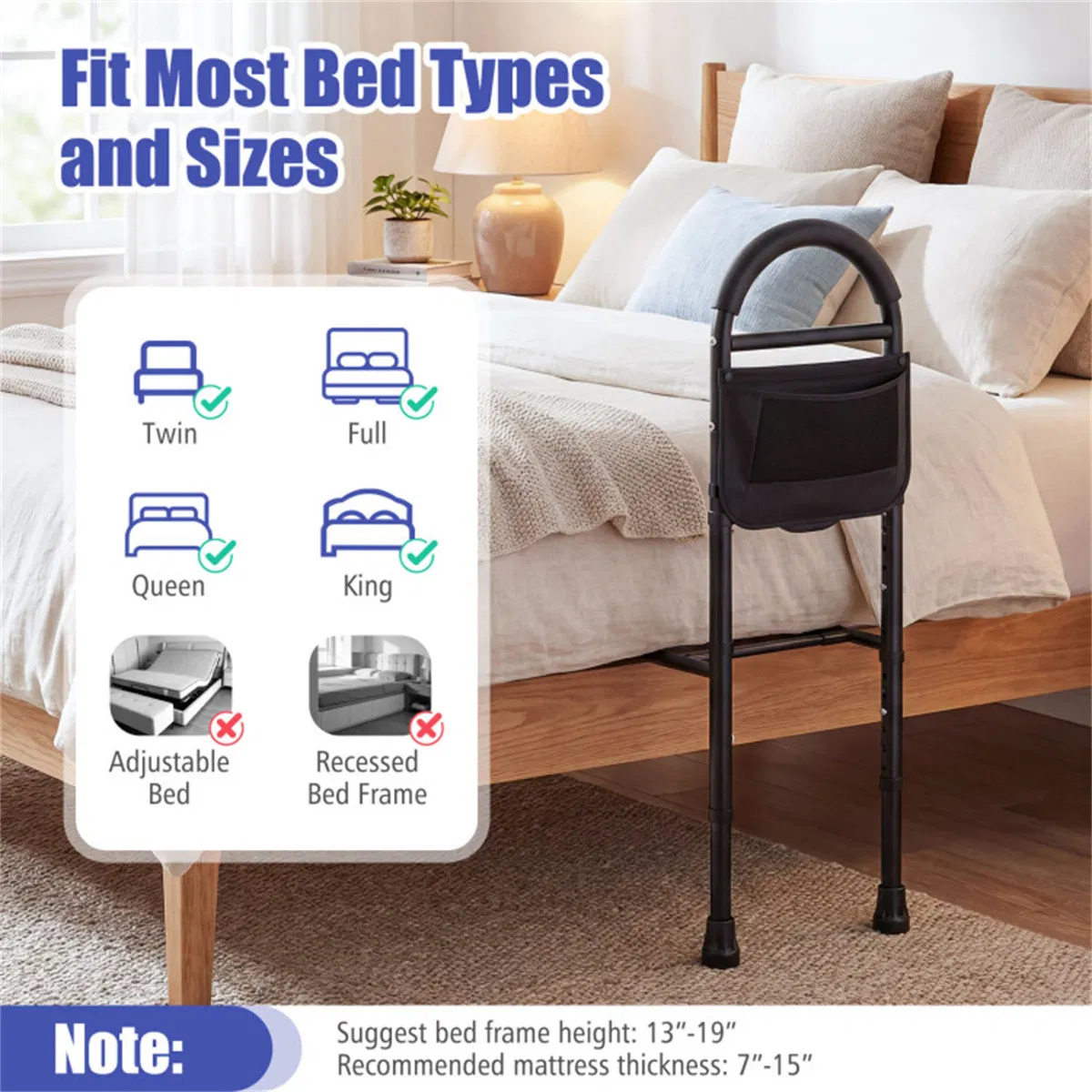 Height Adjustable Bedside Safety Rail, Tool-Free Assembly Bed Assist Bar with Anti-Slip Legs for Elderly Adults photo 4