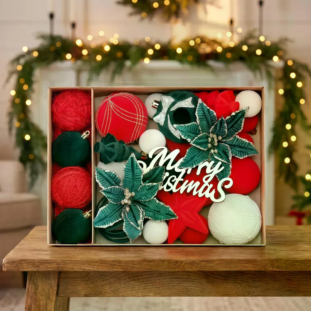 38Pcs Velvet Christmas Tree Ornaments Set, Plush Flocked Christmas Balls, Poinsettia Flower, Star, Bow, Merry Christmas Wooden Sign, Xmas Hanging Decorations for Home Holiday Party Decor photo 8