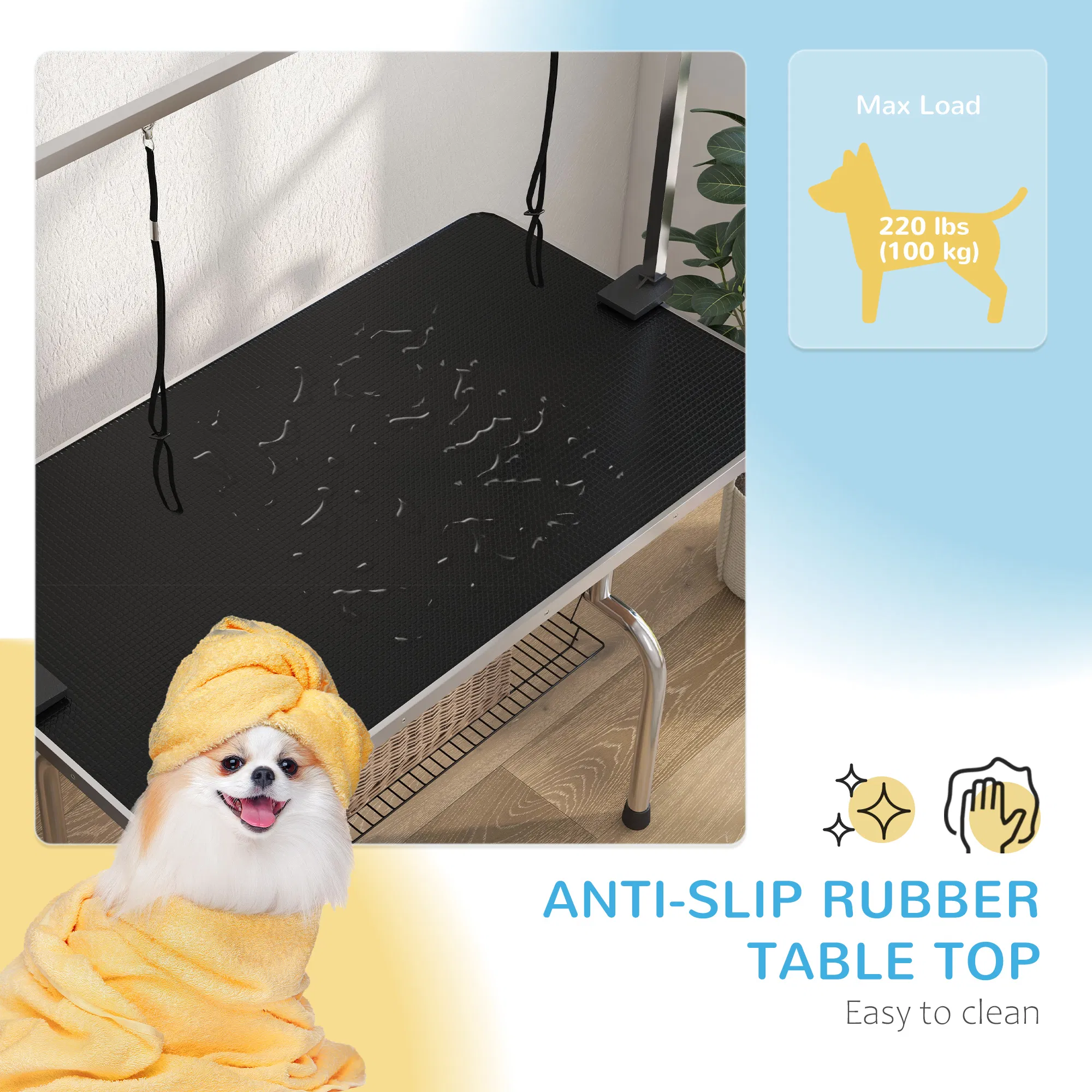 Adjustable Dog Grooming Table with 2 Safety Slings, Storage Basket, Black photo 2