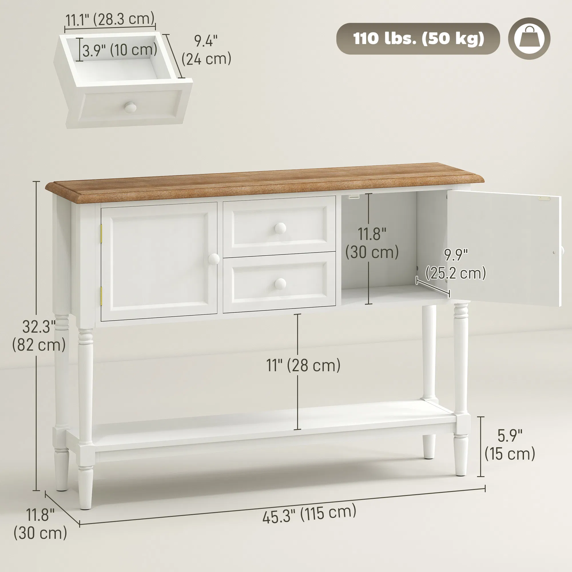 Vintage Console Table with 2 Drawers and Cabinets, Retro Sofa Table for Entryway, Living Room and Bedroom, White photo 4