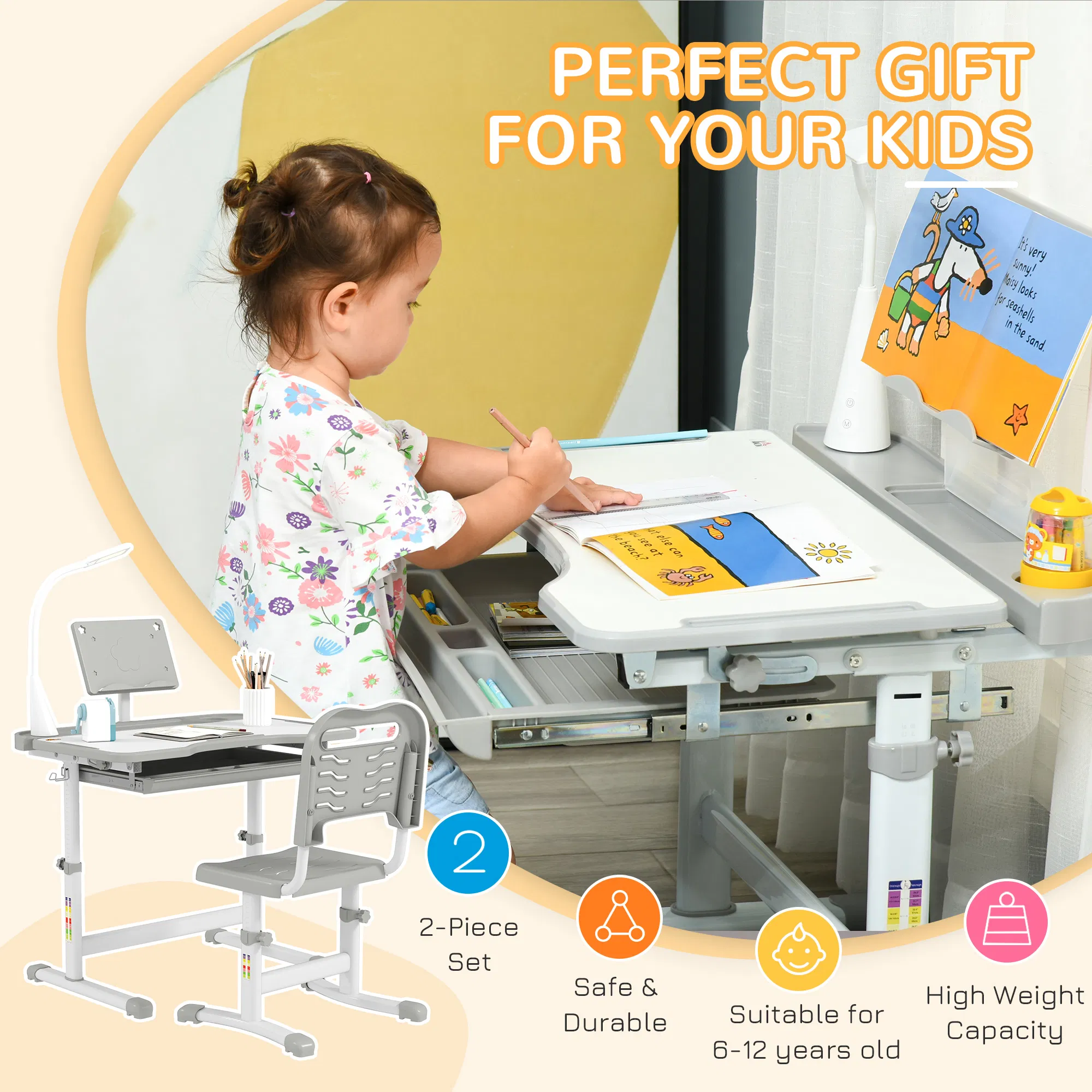 Kids Desk and Chair Set Height Adjustable Student Writing Desk Children School Study Table with Tilt Desktop, Grey photo 2