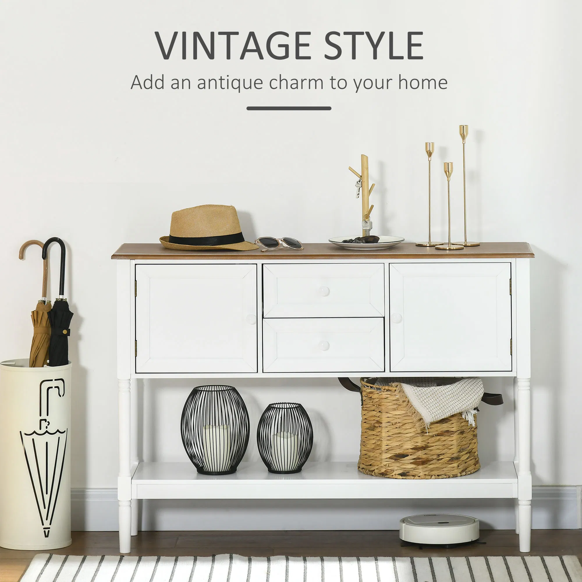 Vintage Console Table with 2 Drawers and Cabinets, Retro Sofa Table for Entryway, Living Room and Bedroom, White photo 6