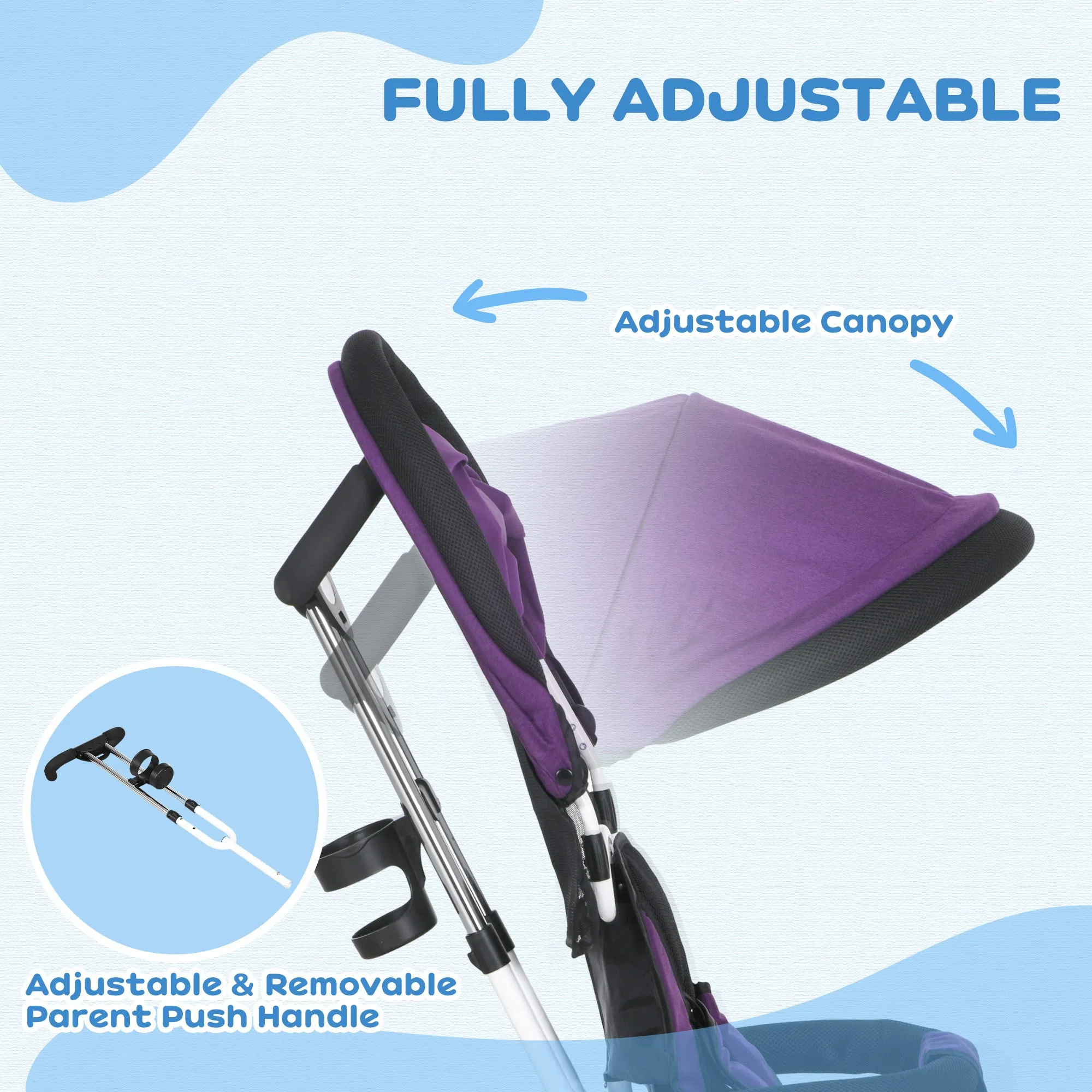 6 in 1 Toddler Tricycle Stroller with Basket, Canopy, 5-point Safety Harness, for 12-60 Months, Purple photo 3