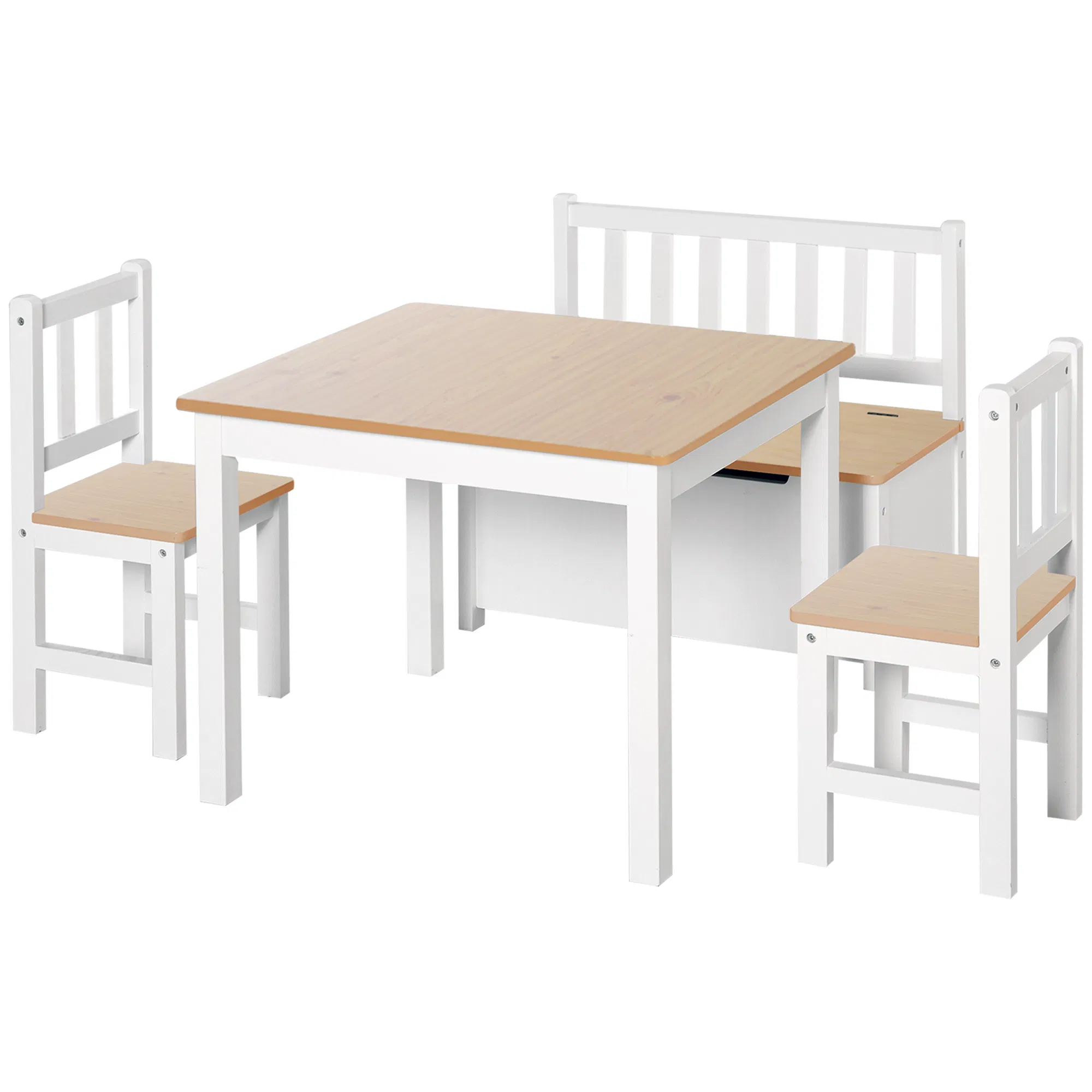 4-Piece Set Kids Wood Table Chair Bench with Storage Function Easy to Clean Gift for Girls Boys Toddlers Age 3 Years up Natural and White photo 1