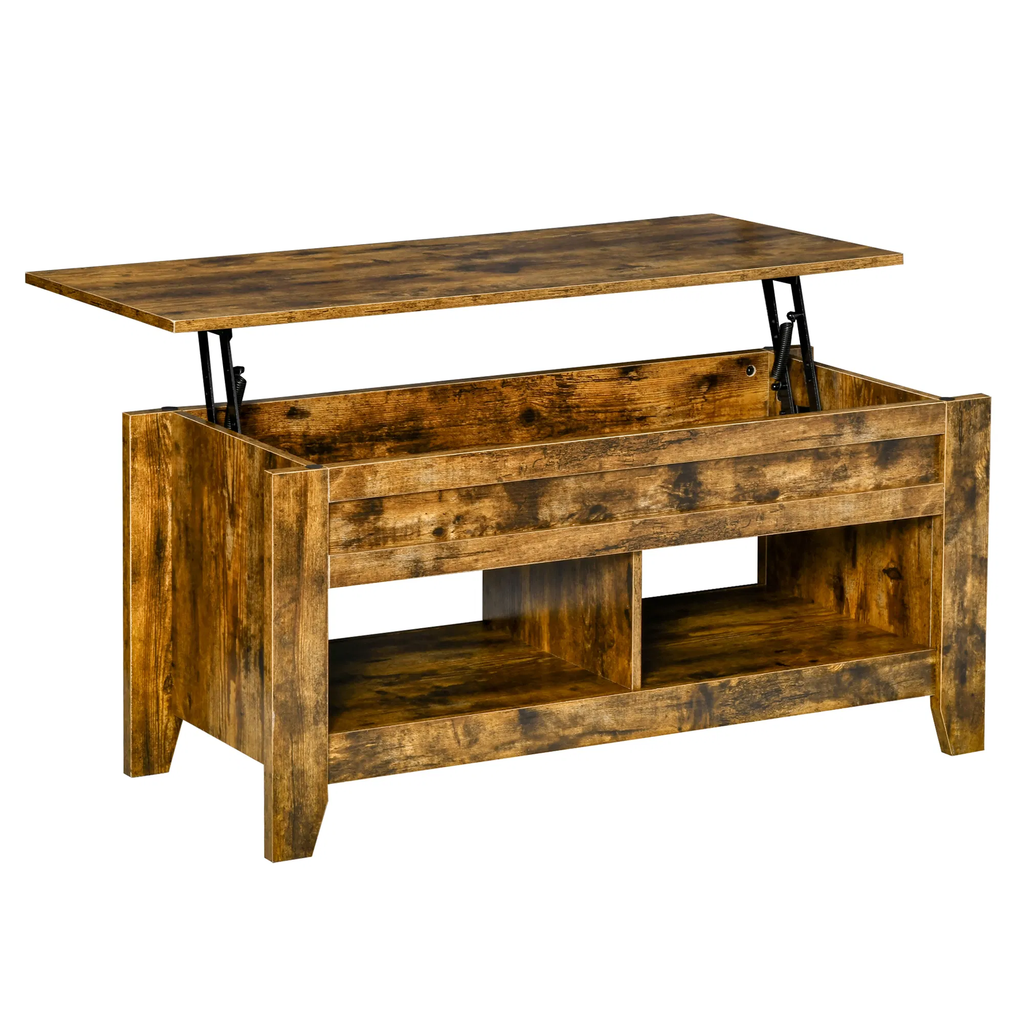 Lift Top Coffee Table with Hidden Storage Compartment and Open Shelves, Lift Tabletop Pop-Up Center Table for Living Room, Brown photo 1