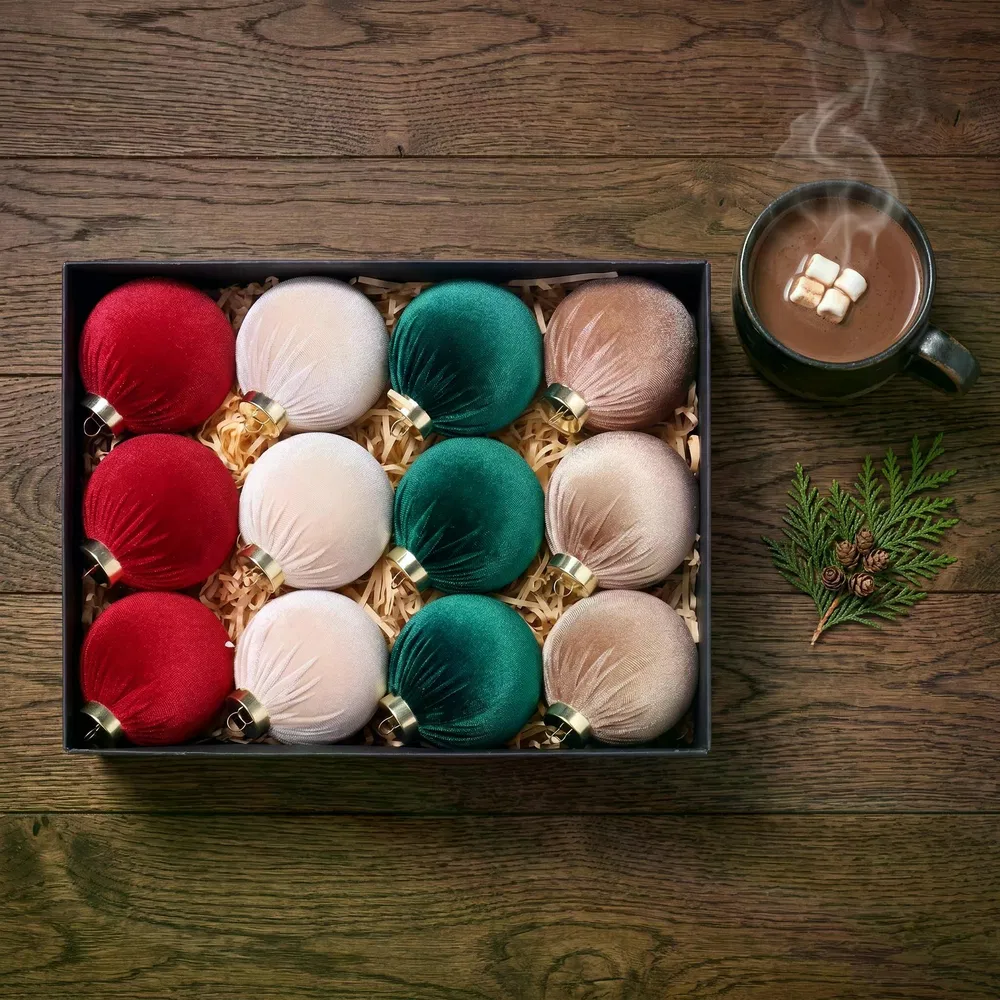12Pcs Velvet Christmas Baubles Set, 80mm (3.15inch) Fabric Wrapped Xmas Balls, Red Green Cream Coffee Hanging Ornaments for Christmas Tree Holiday Home Party Decor photo 8