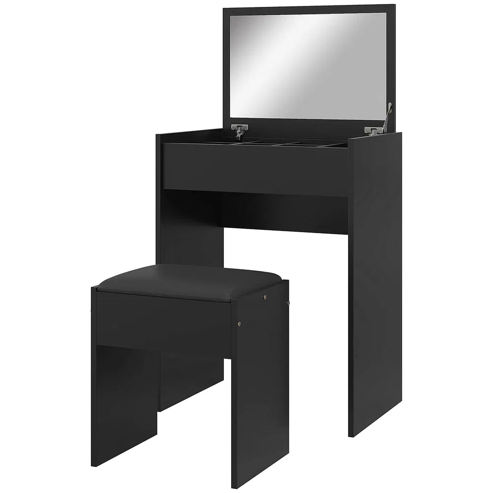 Modern Vanity Set with Makeup Table and Cushioned Stool, Dressing Table with Flip Top and Mirror for Bedroom, Black photo 7