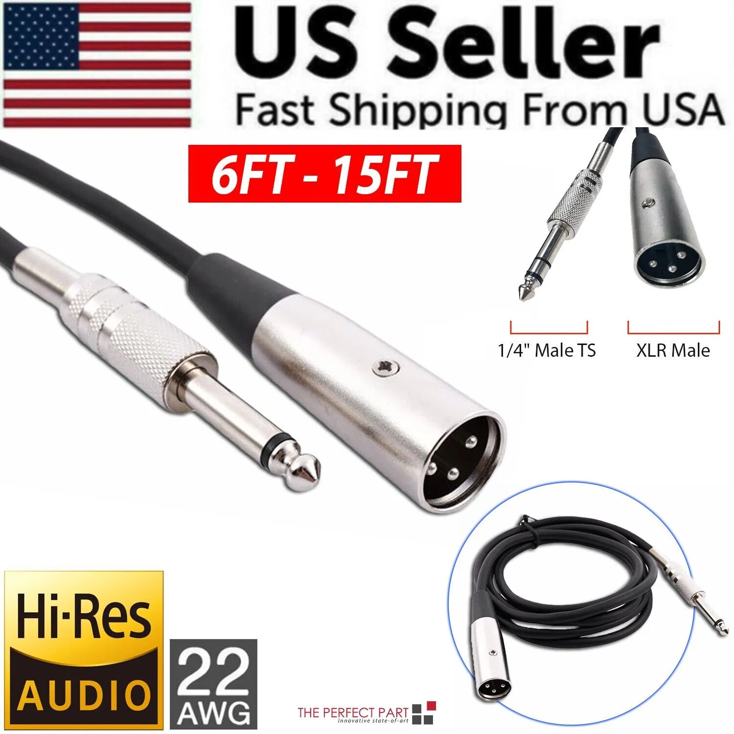 XLR 3-Pin Male To 1/4" Plug TS Microphone Mono Cable Unbalanced Shielded Audio photo 1