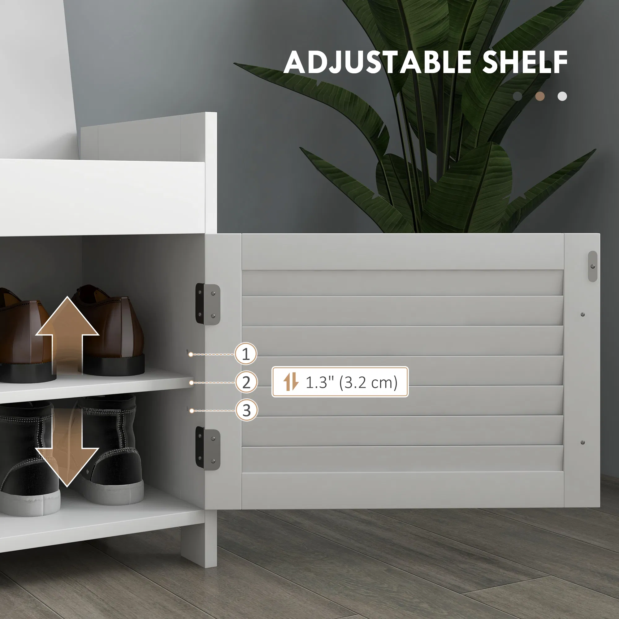 Entryway Bench with Cushion, Hidden Storage, Adjustable Shelves and Shutter Doors, 35.4" Shoe Bench, White photo 3