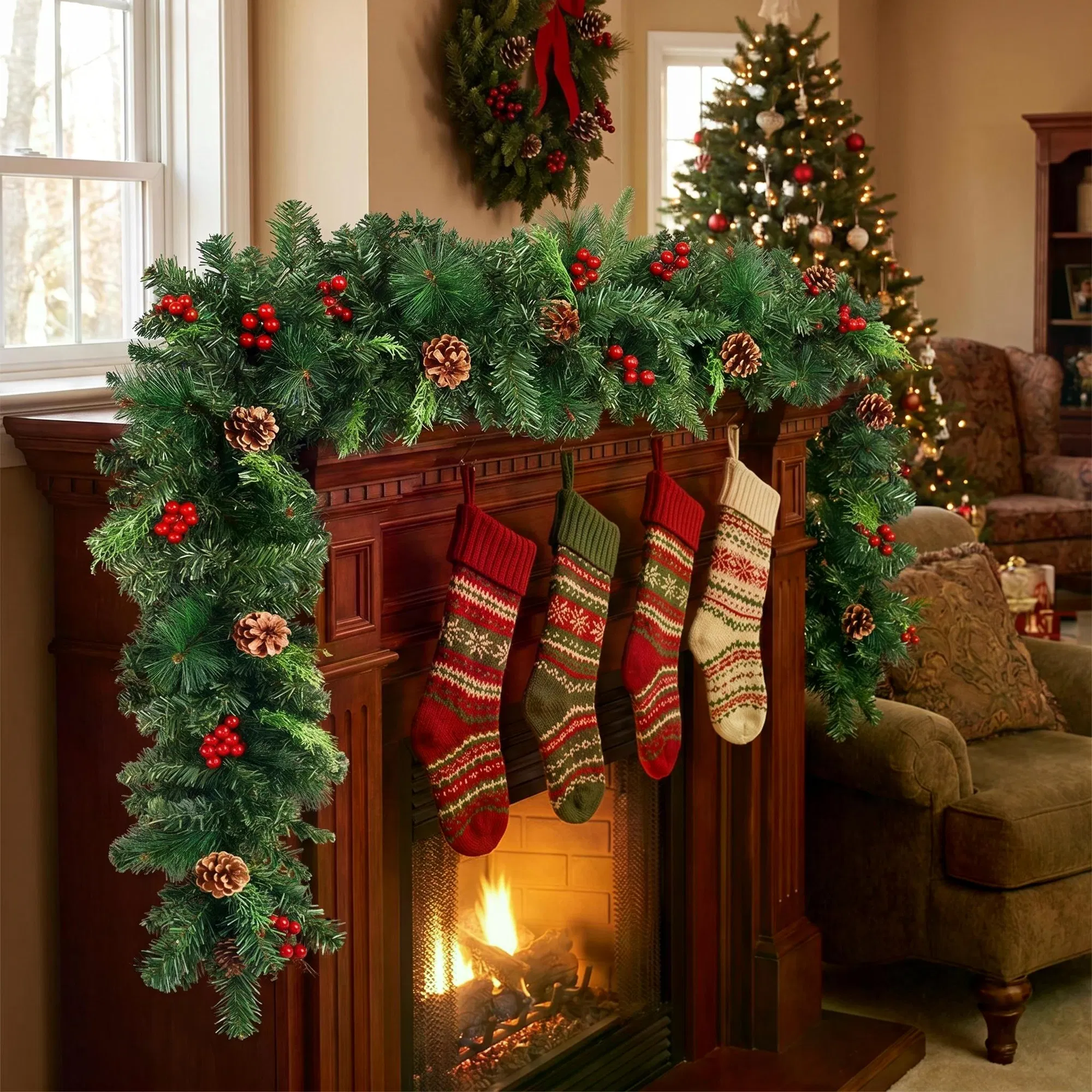 270cm Christmas Garland | Artificial Pine Needles & Berries Decor | For Staircase/Fireplace Hanging | Multicolor PVC Material | Home Holiday Atmosphere Decoration photo 1
