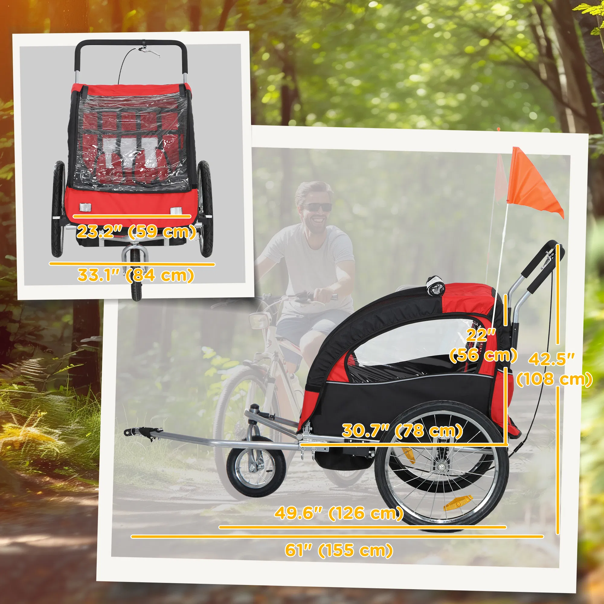 2-in-1 Bike Trailer for Kids, Foldable 2-Seat Baby Stroller with 5-Point Harness, Rubber Wheels, Storage Bag, Red photo 5