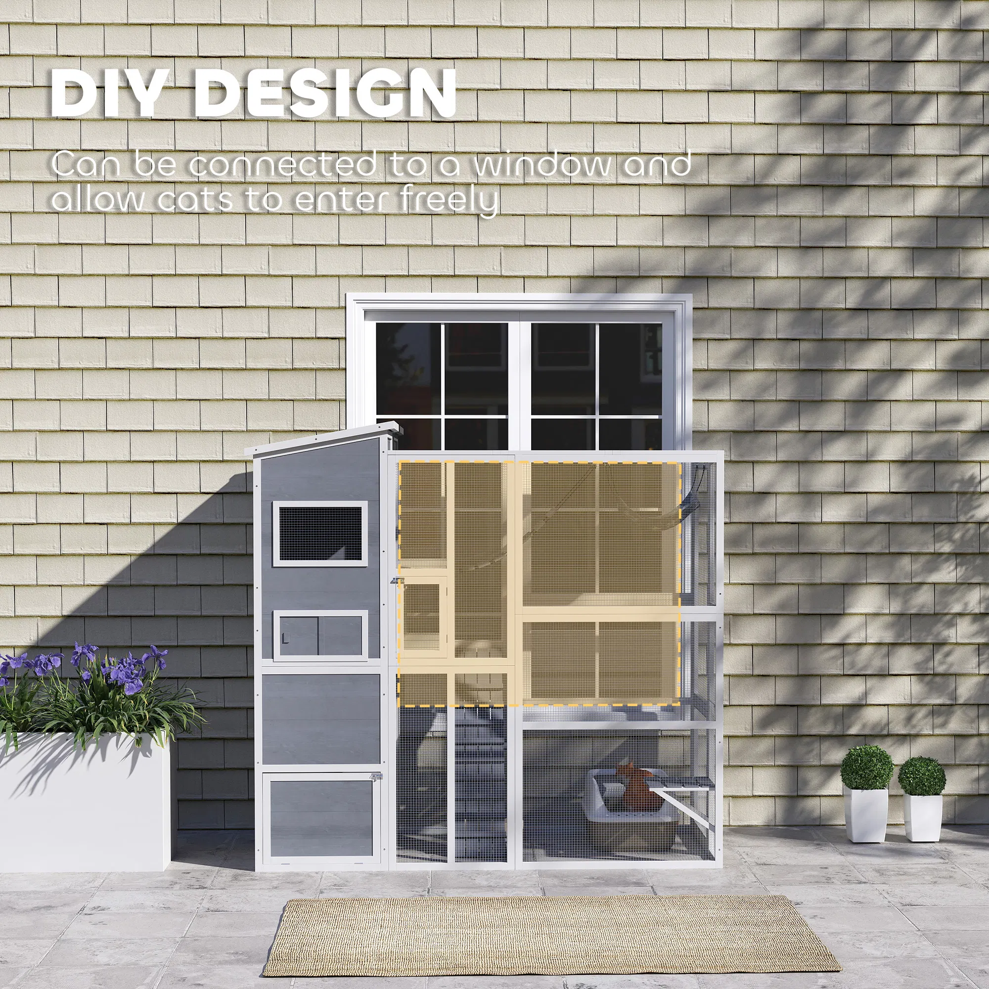 76" Catio Outdoor Cat Enclosure with Cat Condo, Jumping Platforms, Ladder, Ramps, Hammock for 2-3 Indoor Cats, Grey photo 2