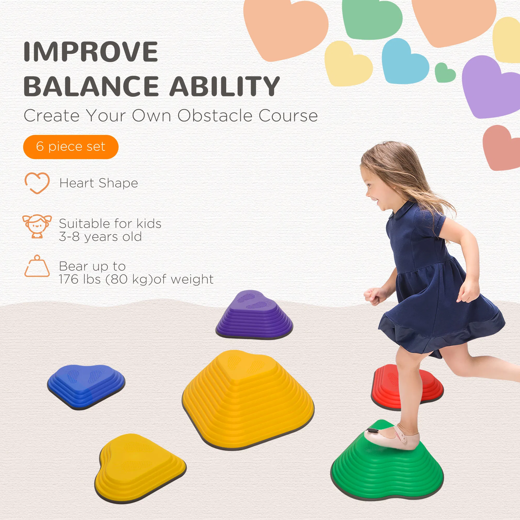 6PCs Non-Slip Stackable Kids Stepping Stones, Heart-Shaped photo 2