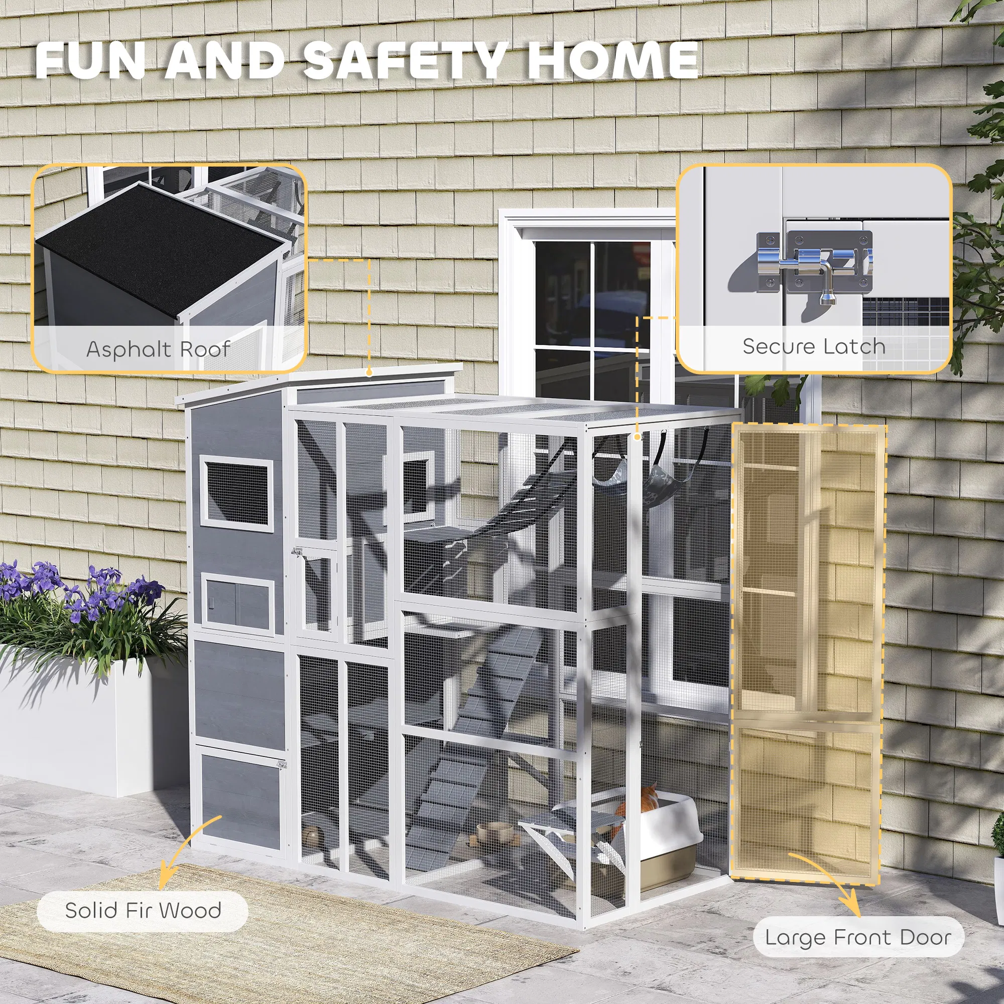 76" Catio Outdoor Cat Enclosure with Cat Condo, Jumping Platforms, Ladder, Ramps, Hammock for 2-3 Indoor Cats, Grey photo 3
