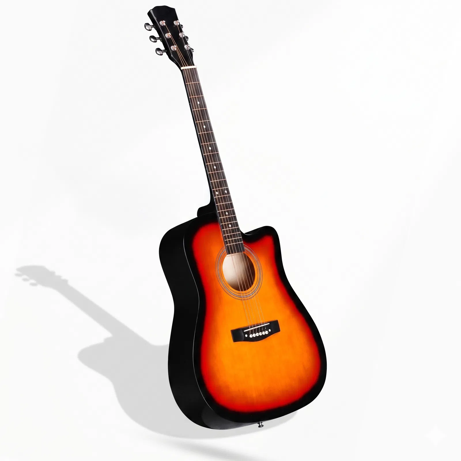 Sunset color 41-inch Dreadnought barrel-shaped cutaway acoustic guitar with pick, strings, capo, gig bag, tuner, wrench tool, and shoulder strap photo 8