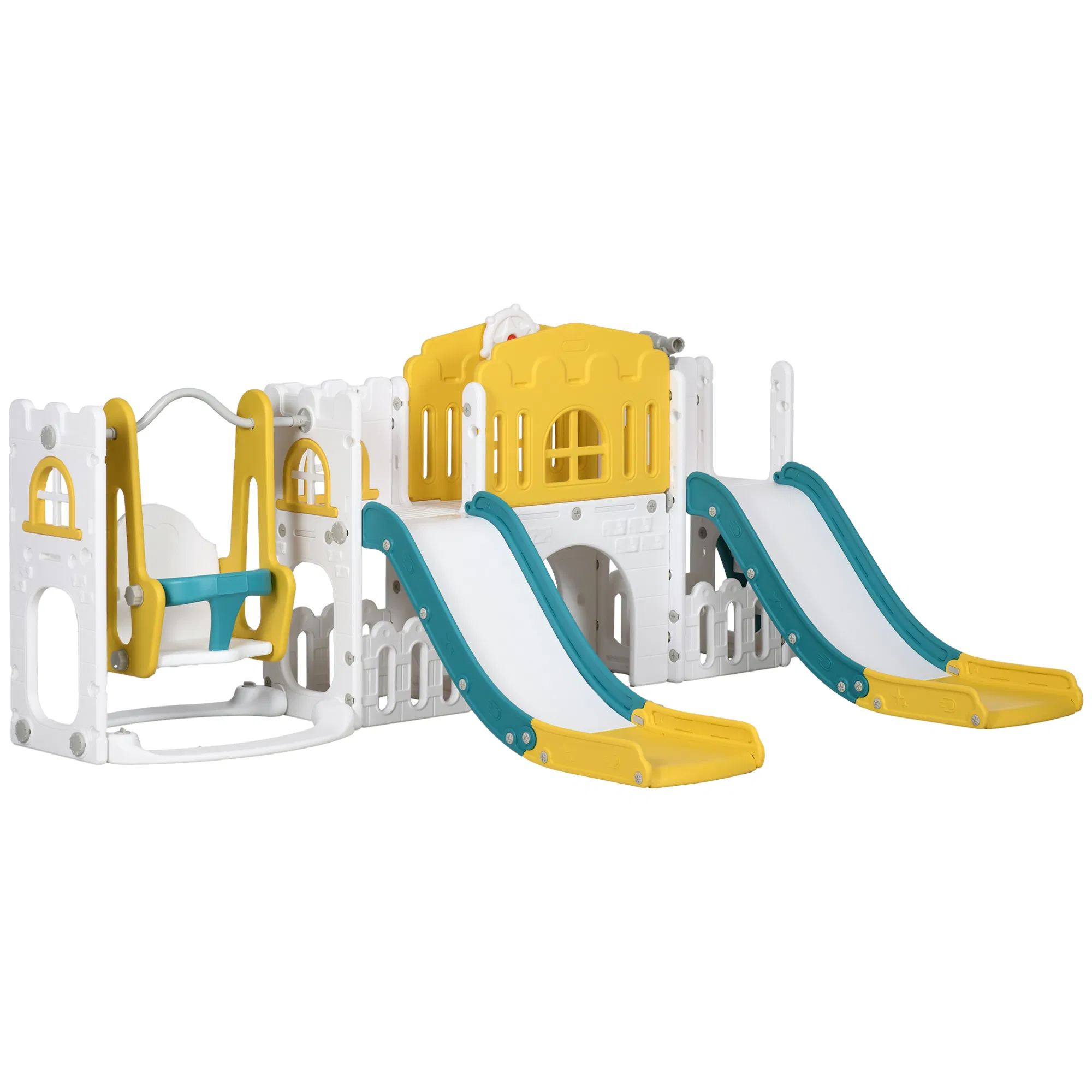 8 in 1 Slide and Swing Set, Baby Swing Set with Basketball Hoop, Climber, Steering Wheel, for Aged 1-3 Years, Yellow photo 1