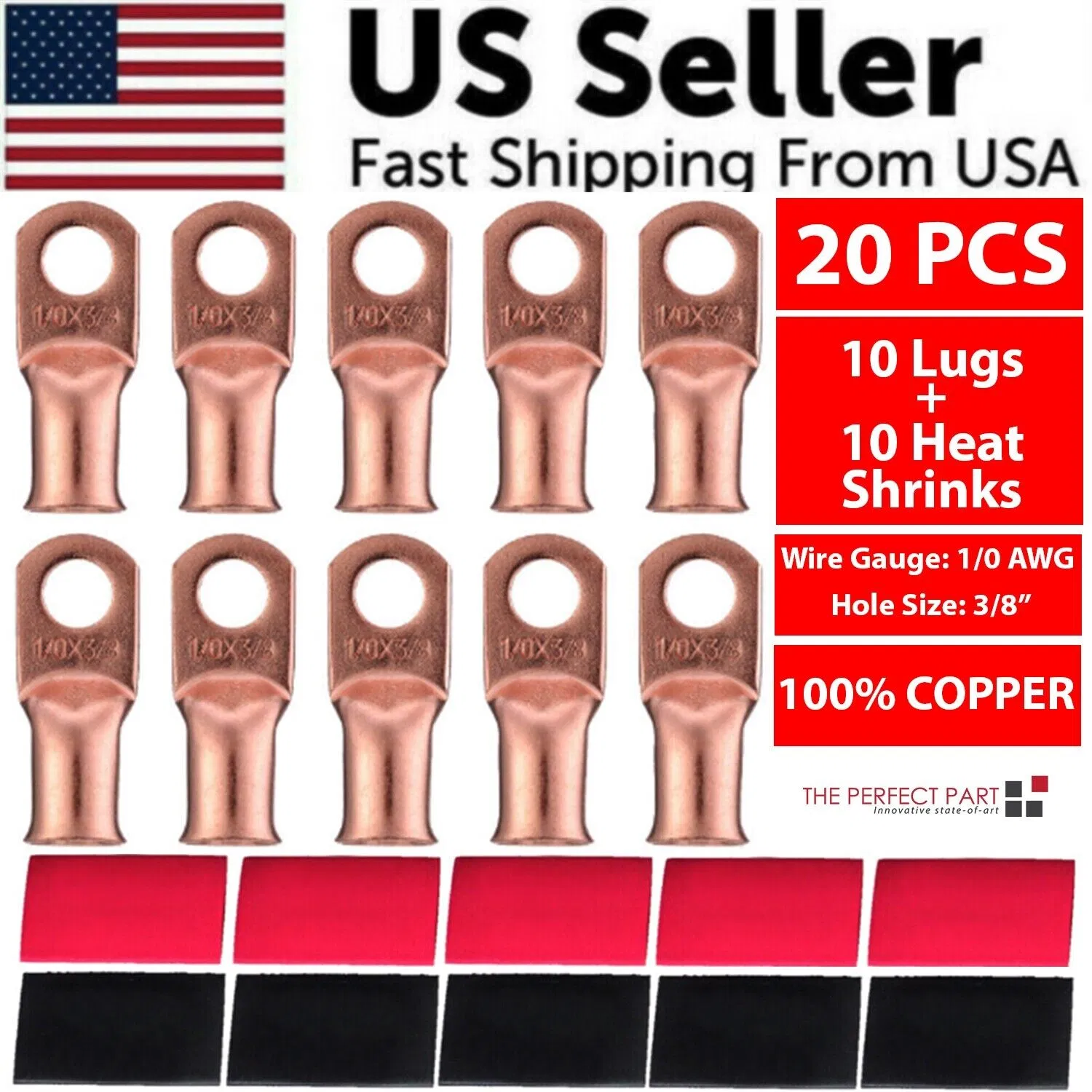 20PCS 1/0 AWG Gauge Copper Lugs W/ BLACK & RED Heat Shrink Ring Terminals Wire photo 1