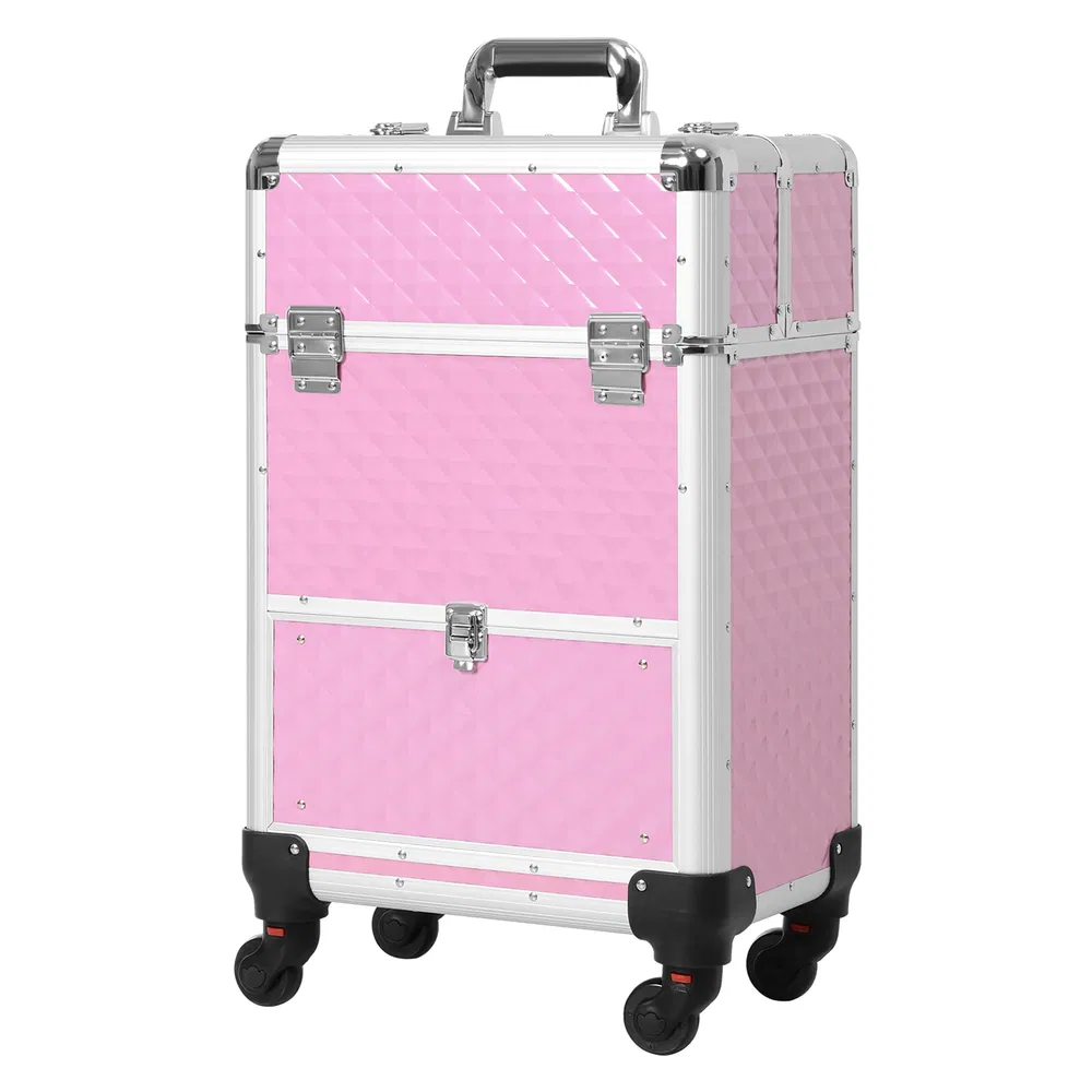 Makeup Train Case Portable Aluminum Rolling Cosmetic Organizer Trolley 4 Wheels Pink Salon Beauty Jewelry Storage photo 7