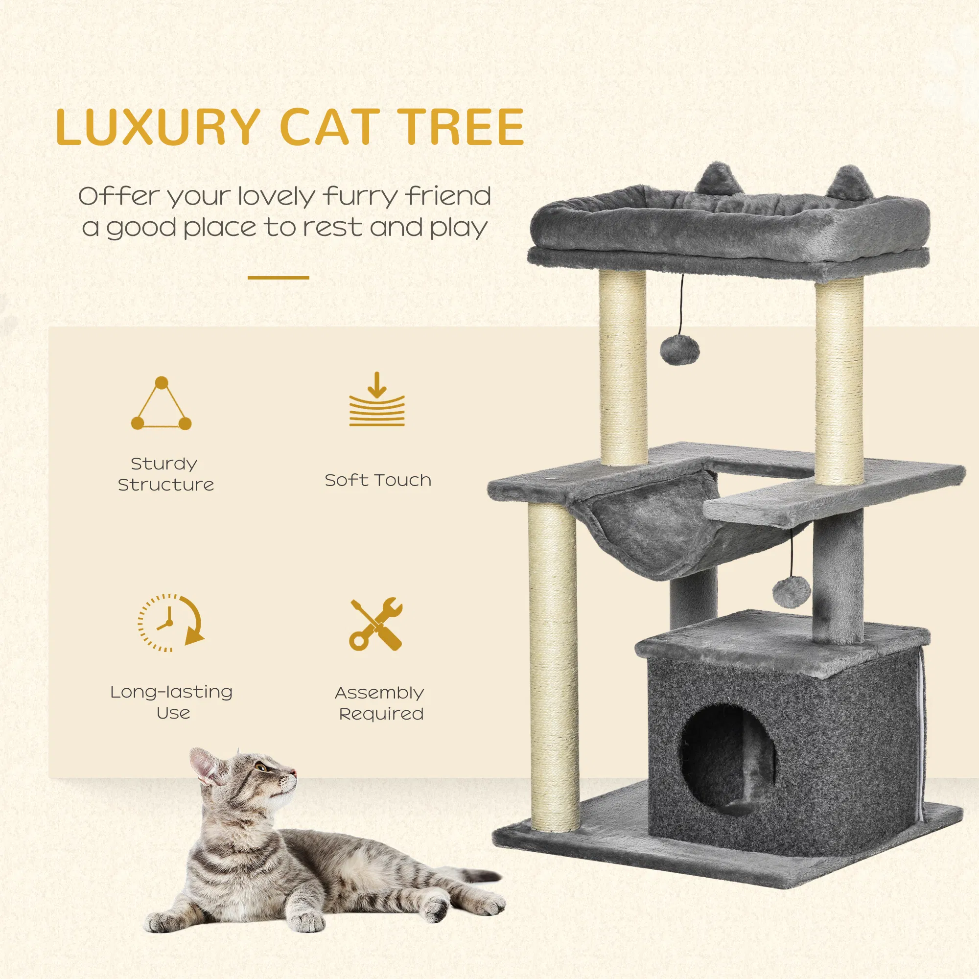 39.25'' Cat Tree Tower Multi-Level Kitten House with Scratching Post Condo Hammock Bed Ball Toy - Gray photo 6