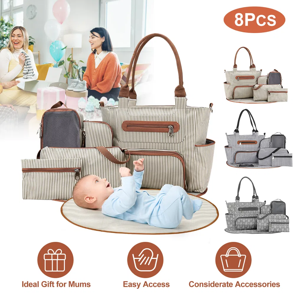 8PCS Baby Diaper Bag Set - Spacious 12-Pocket Design with Bottle Bag, Diaper Pad & Burp Cloths - 2 Carrying Ways, Wide Opening for Easy Access - Ideal for Parents photo 2