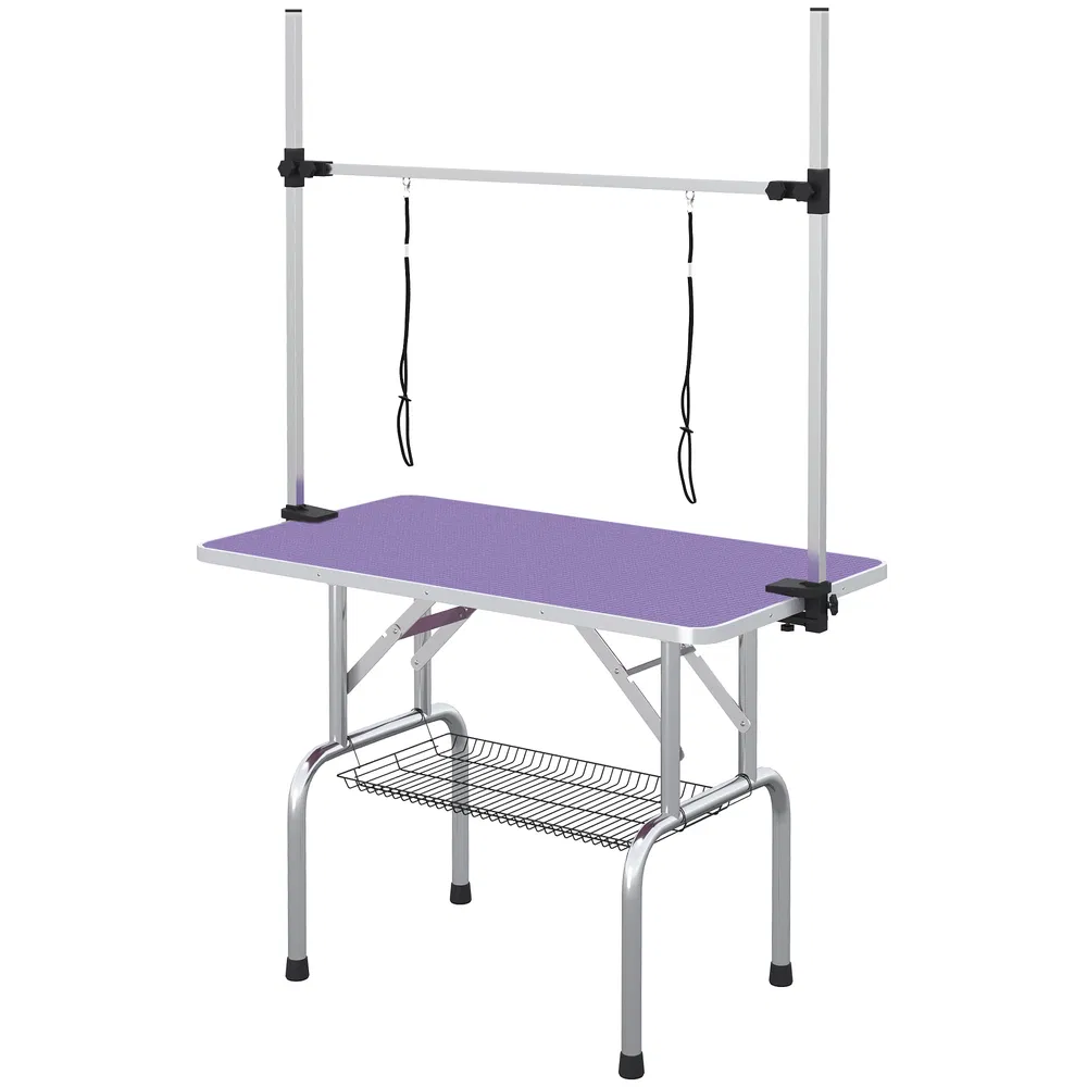 Adjustable Dog Grooming Table with 2 Safety Slings, Storage Basket, Purple photo 7