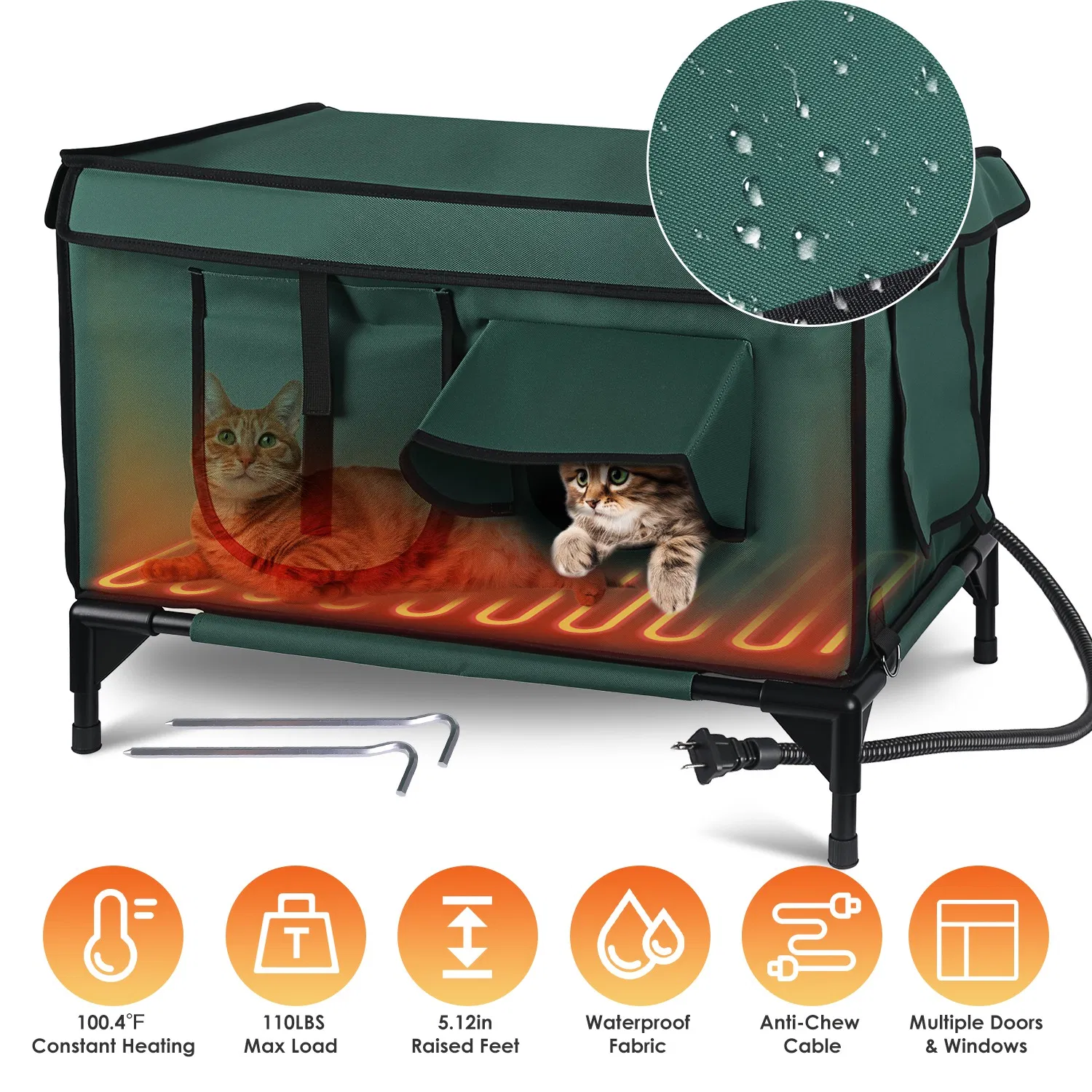 Waterproof Heated Cat House Outdoor Weatherproof Insulated Kitty Shelter Feral Cat Heating Bed with Heating Pad Anti-Chew Cord 2 Doors 3 Windows for Indoors Outdoors Winter Summer photo 1
