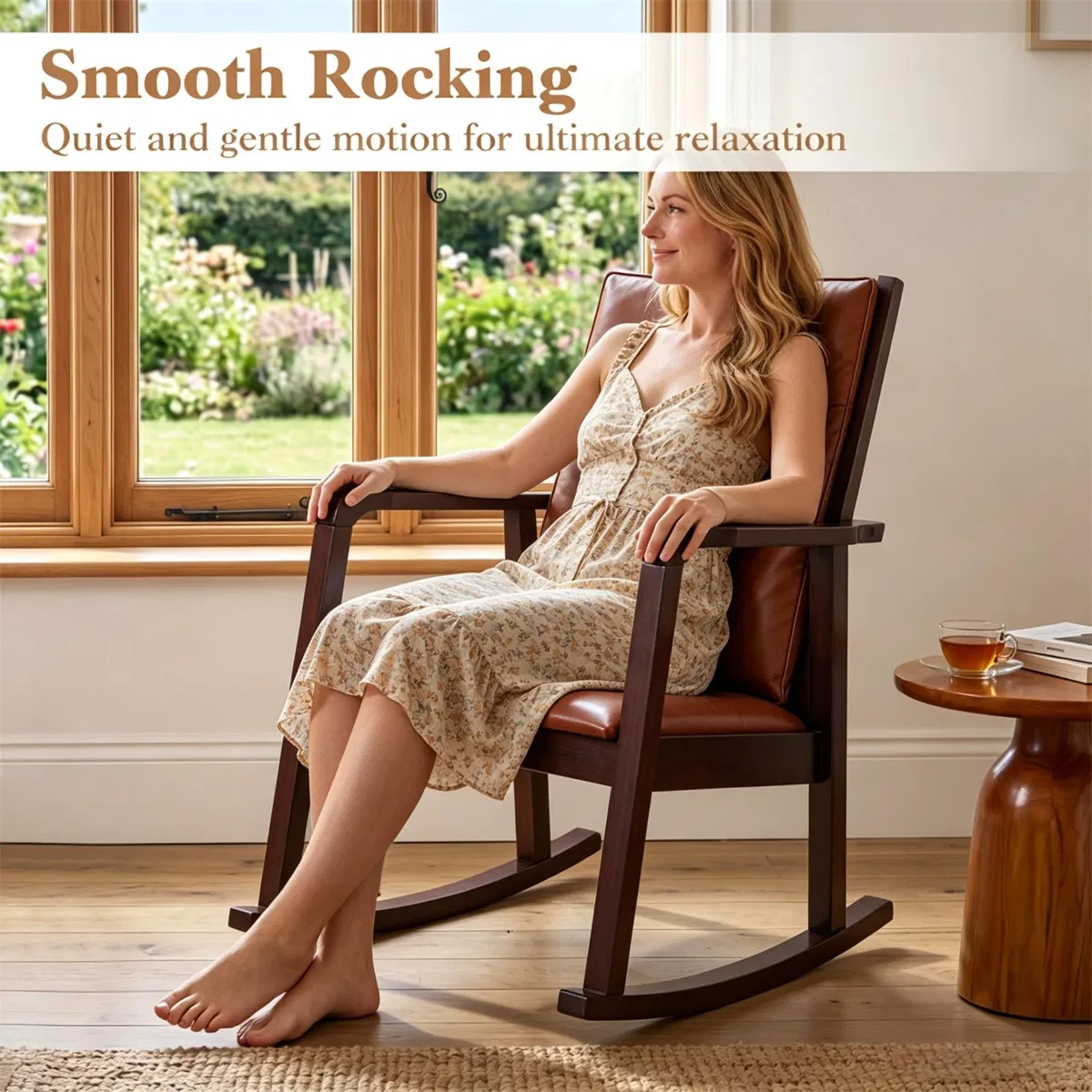 Heavy-Duty Solid Wood Rocking Chair, Ergonomic Accent Armchair with Breathable Ladder Back for Indoor Relaxation-Brown photo 8