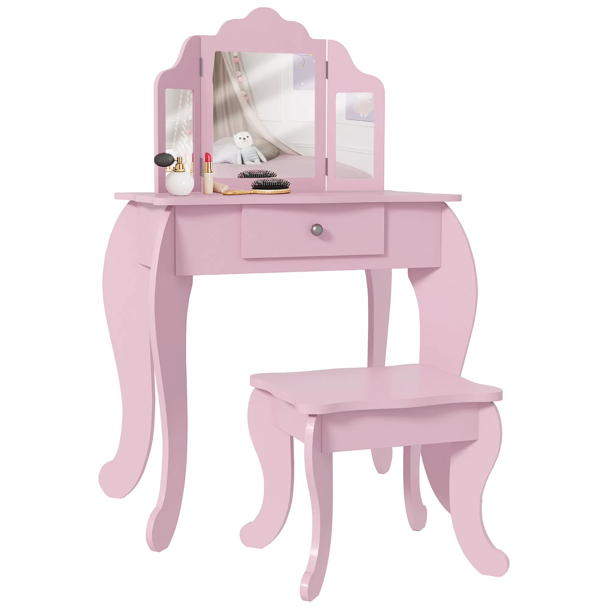 Kids Vanity Table and Stool, Makeup Vanity Girls Dressing Table Set with Tri-folding Mirrors Drawer Star and Heart Pattern, Pink photo 1