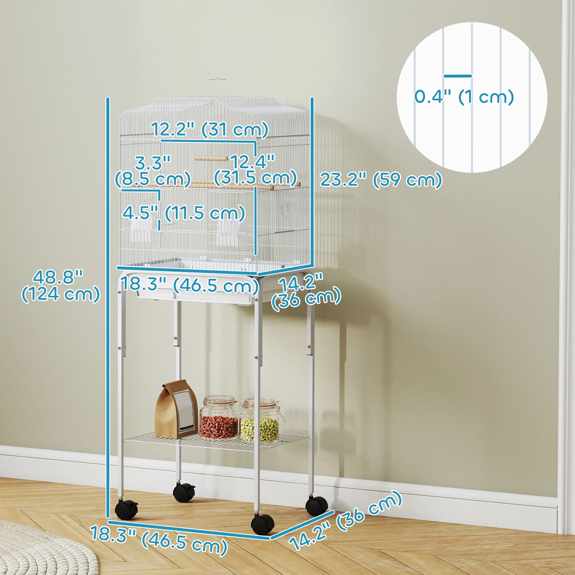 49" Rolling Bird Cage Cockatoo House Play Top Finch Pet Supply with Storage Shelf, Wheels - White photo 3