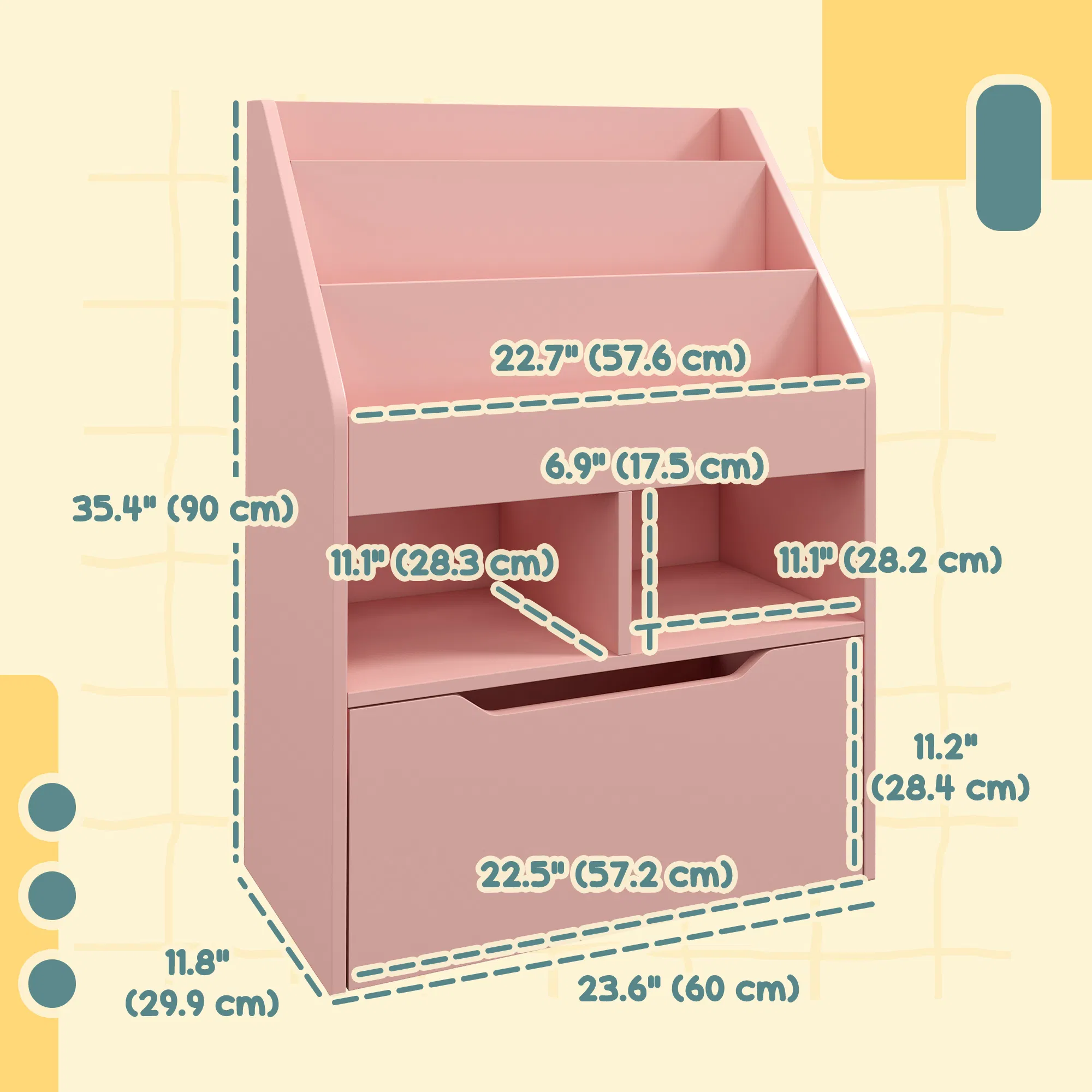 Kids Bookcase with Storage Drawer for Books, Reading Nook, for Classroom, Bedroom, Playroom, Pink photo 2
